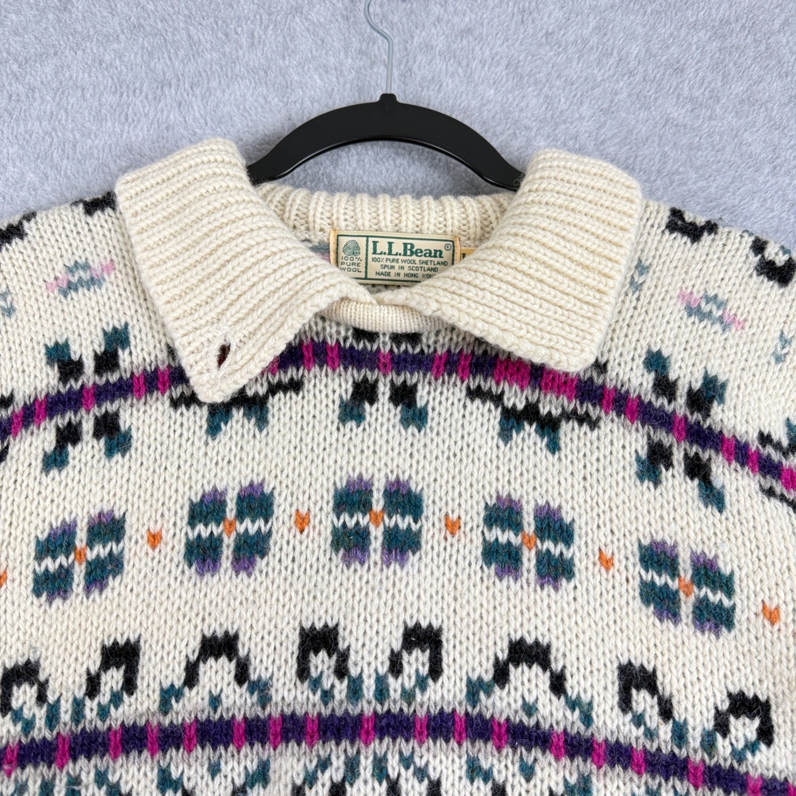 Vtg LL Bean Shetland Wool Fair Isle Sweater Womens Large Cream 100% Wool