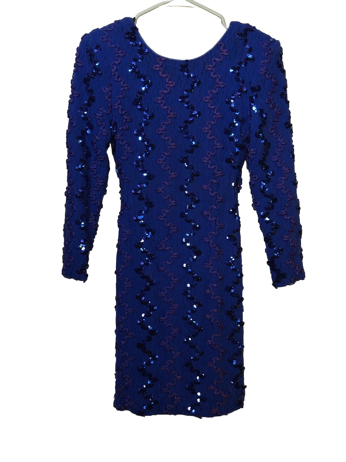 Vtg 90s Dress Blue Sequin Body Con Cocktail Evening Date Ribbon Lace Sequins S