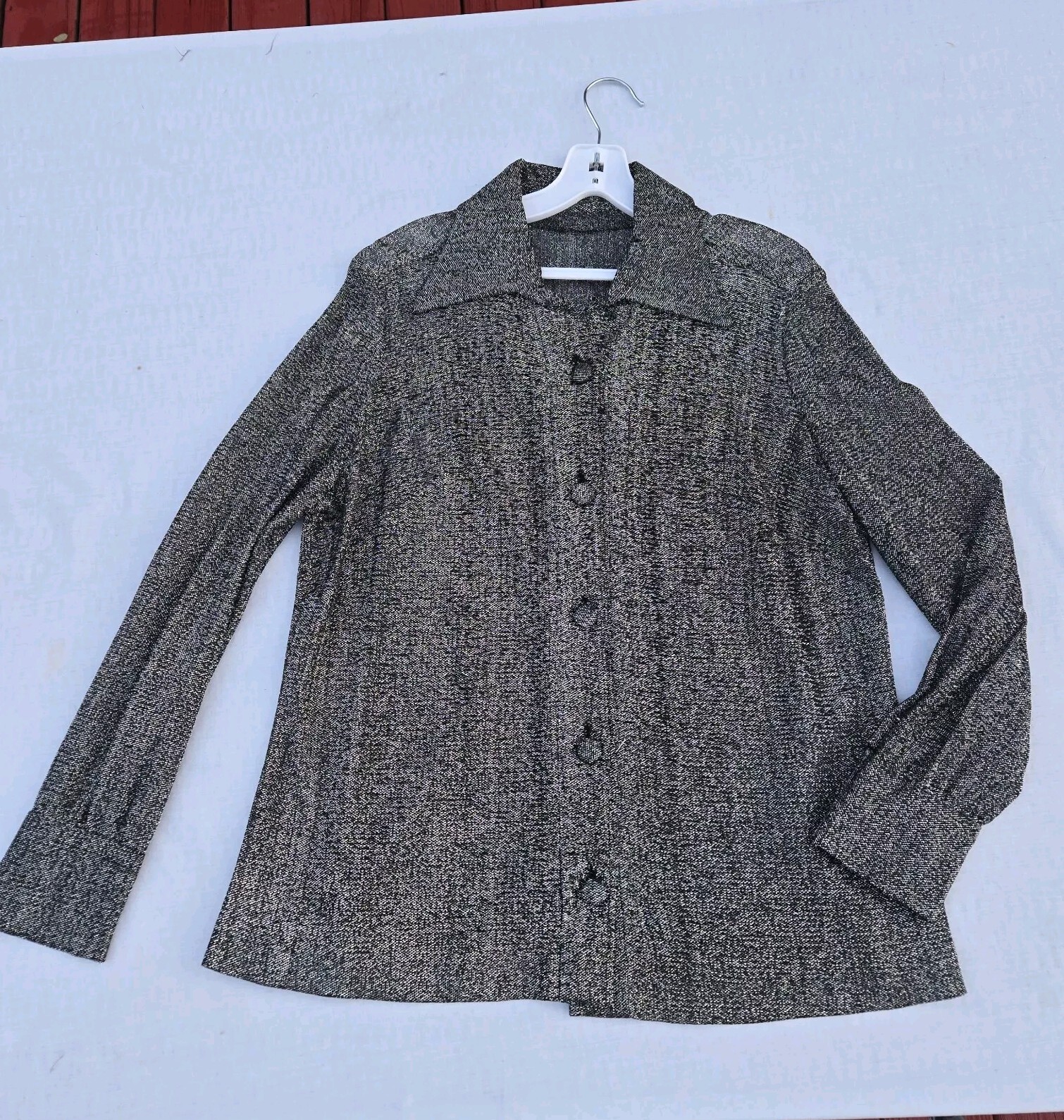 Vintage 1960s Metallic Button Up Shirt Blouse Tunic Black Silver Womens Glam