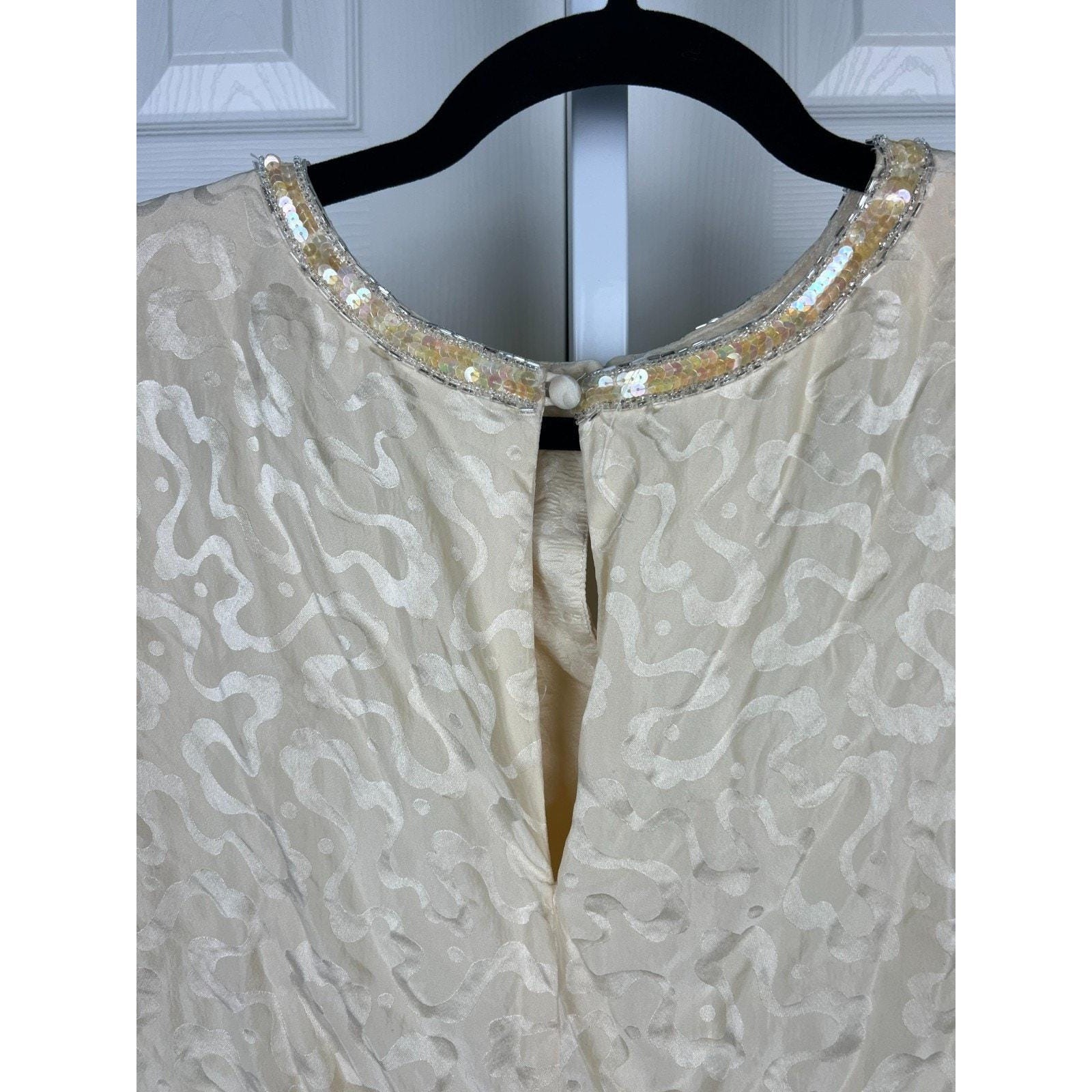 AJ Bari Silk Beaded Dress Vintage Old Money Glam Mob Wife Cream Silk Women’s 12