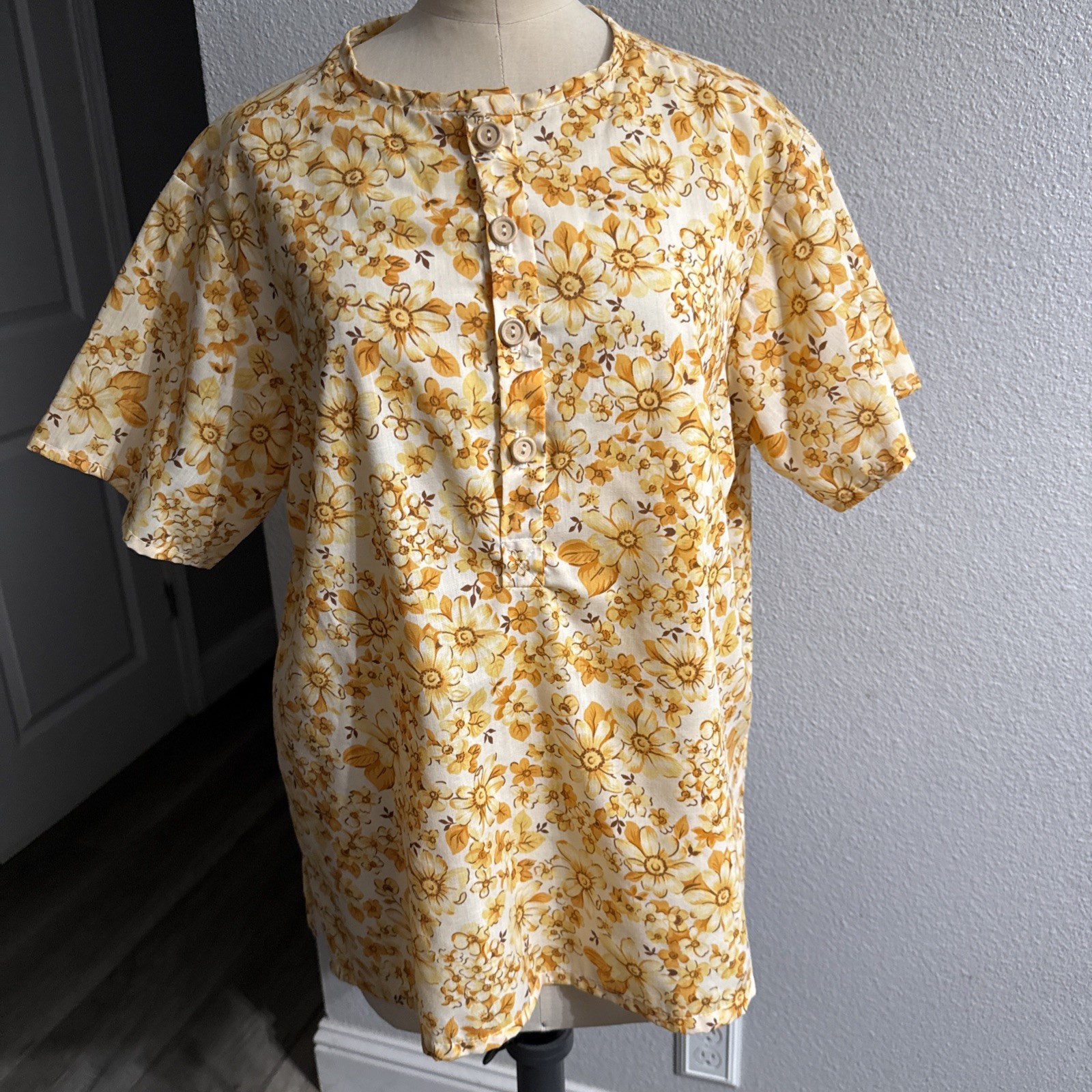 Vintage 1970s Home Sewn Groovy Popover Smock Shirt Daisy Sunflowers M L Boho
