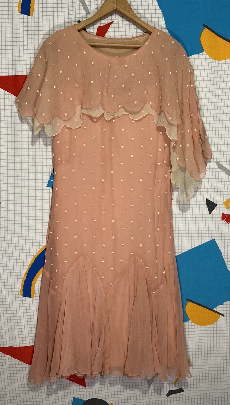 Vintage 20s Silk Flapper Dress Art Deco Drop Waist Asymmetrical Polka Dot Crepe