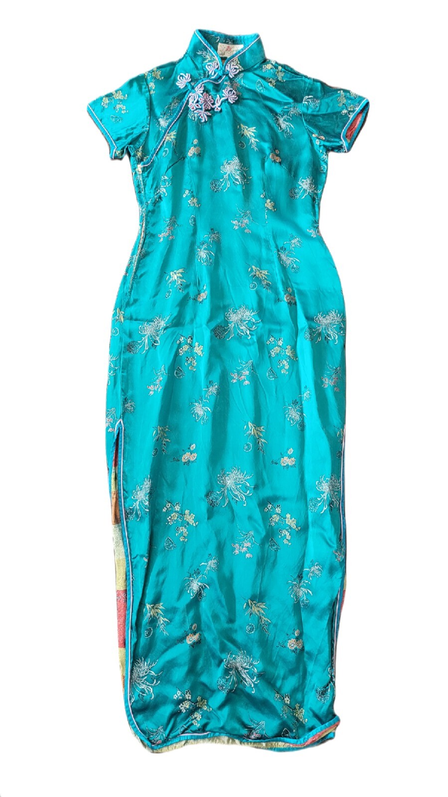 Vintage Silk & Embroidery Chinese Qipao Dress 1960s Blue Pink Cheongsam S
