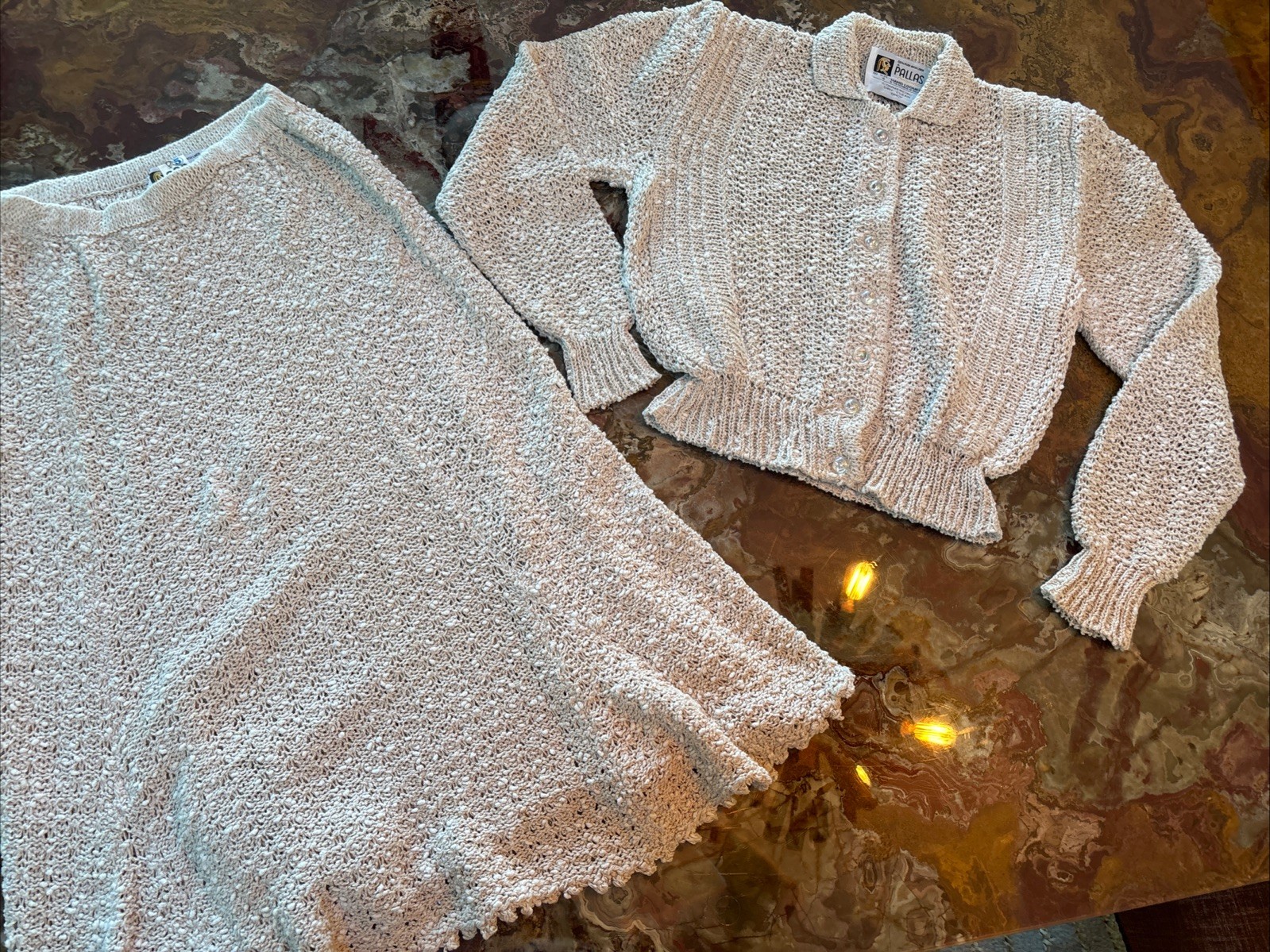 132 Vintage 70s Beige Crocheted 2 Piece Top Skirt Set Pallas Original Ireland S