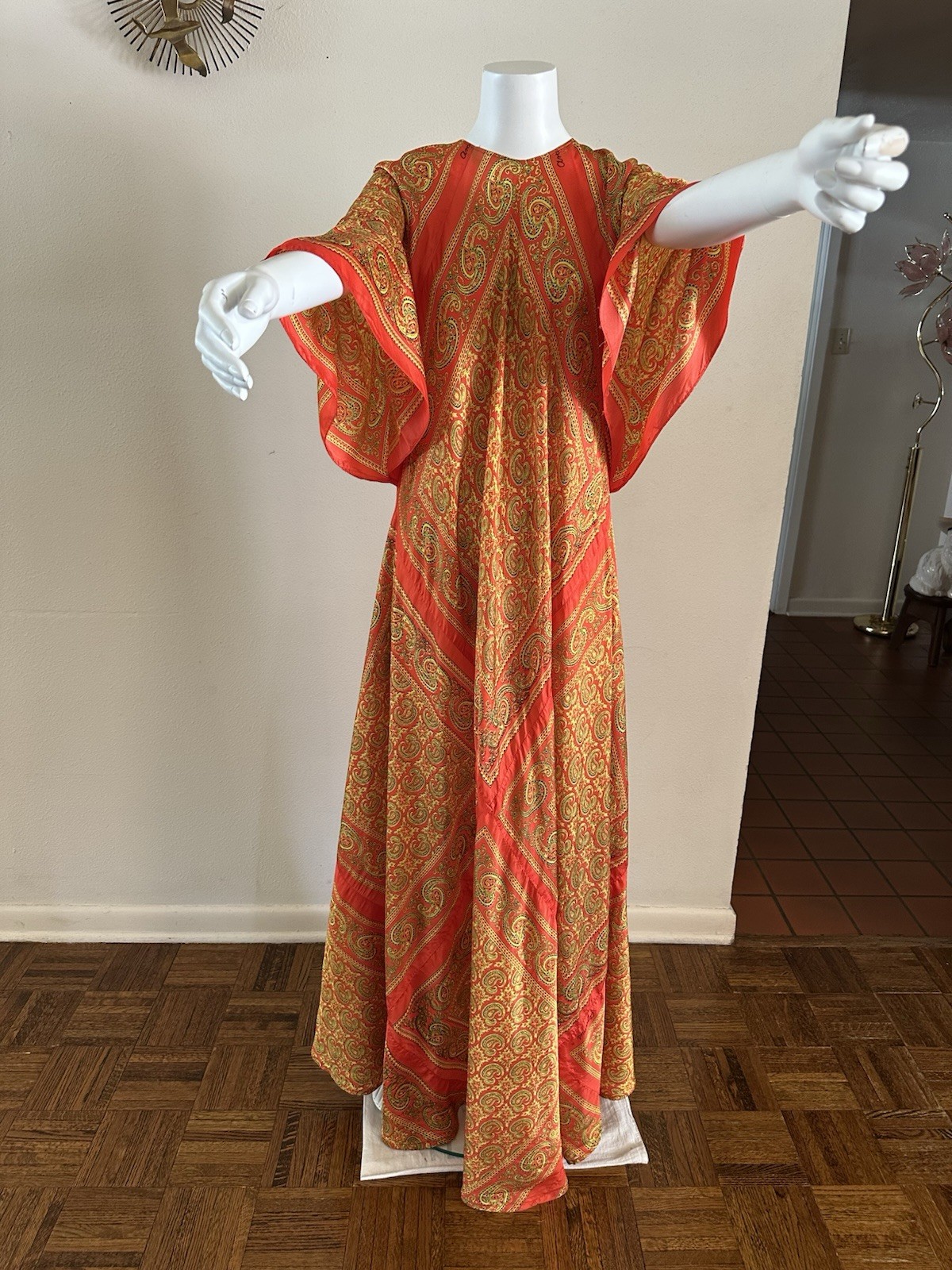70s VTG Mexican Aramis Scarf Caftan Dress 63” Extra Long Tall Maxi Angel Sleeve