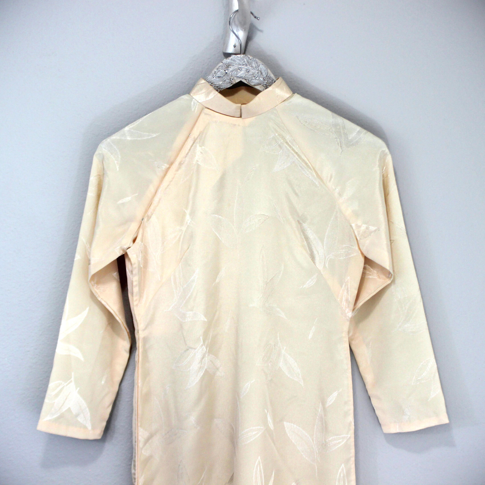 Silky Champagne Bamboo Chinese Mandarin Collar, ¾ Sleeve Dress, Cheongsam SMALL
