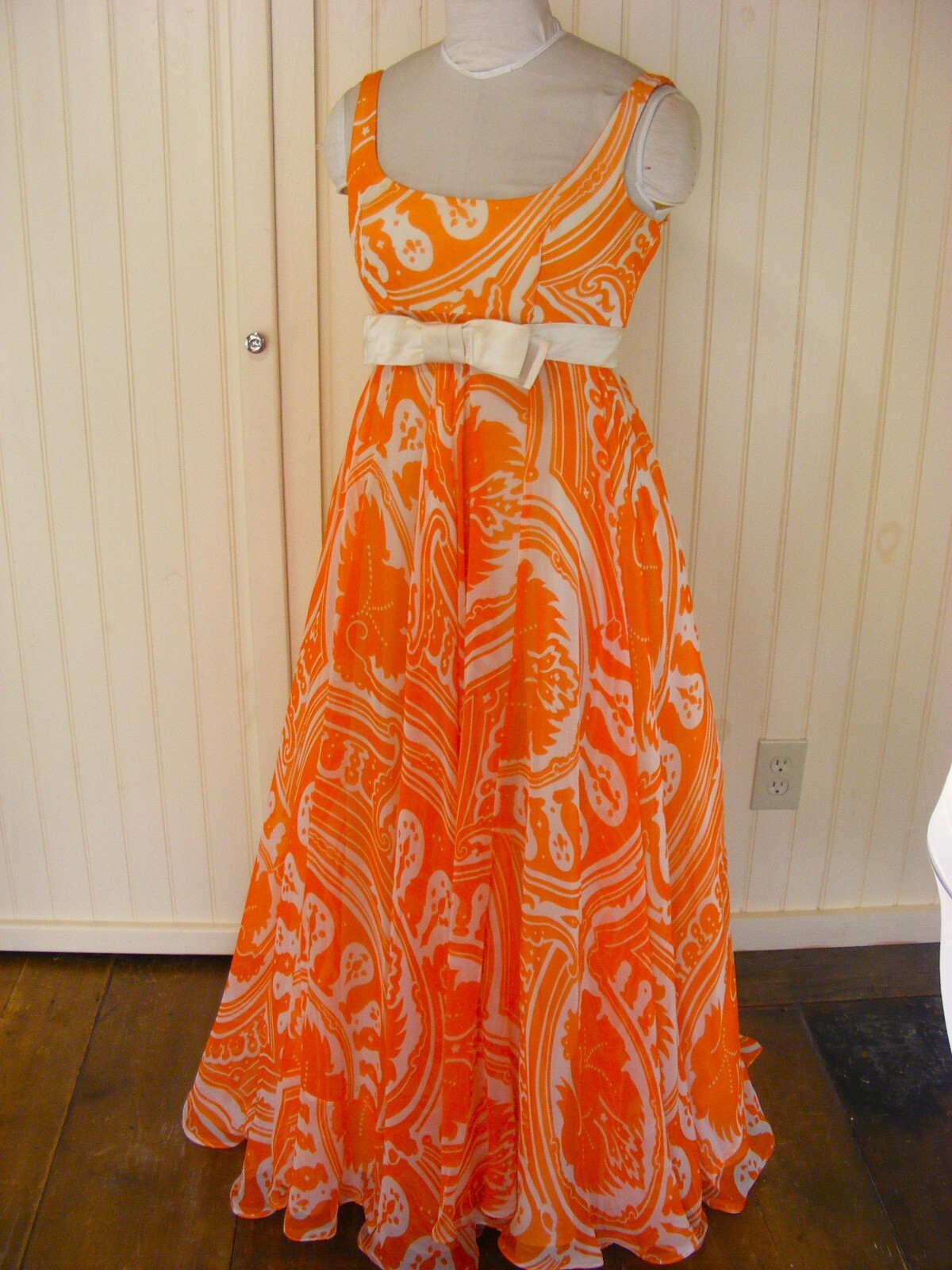 1970 DRESS KIKI HART COUTURE ORANGE WHITE CHIFFON EMPIRE WAIST BALL GOWN SM