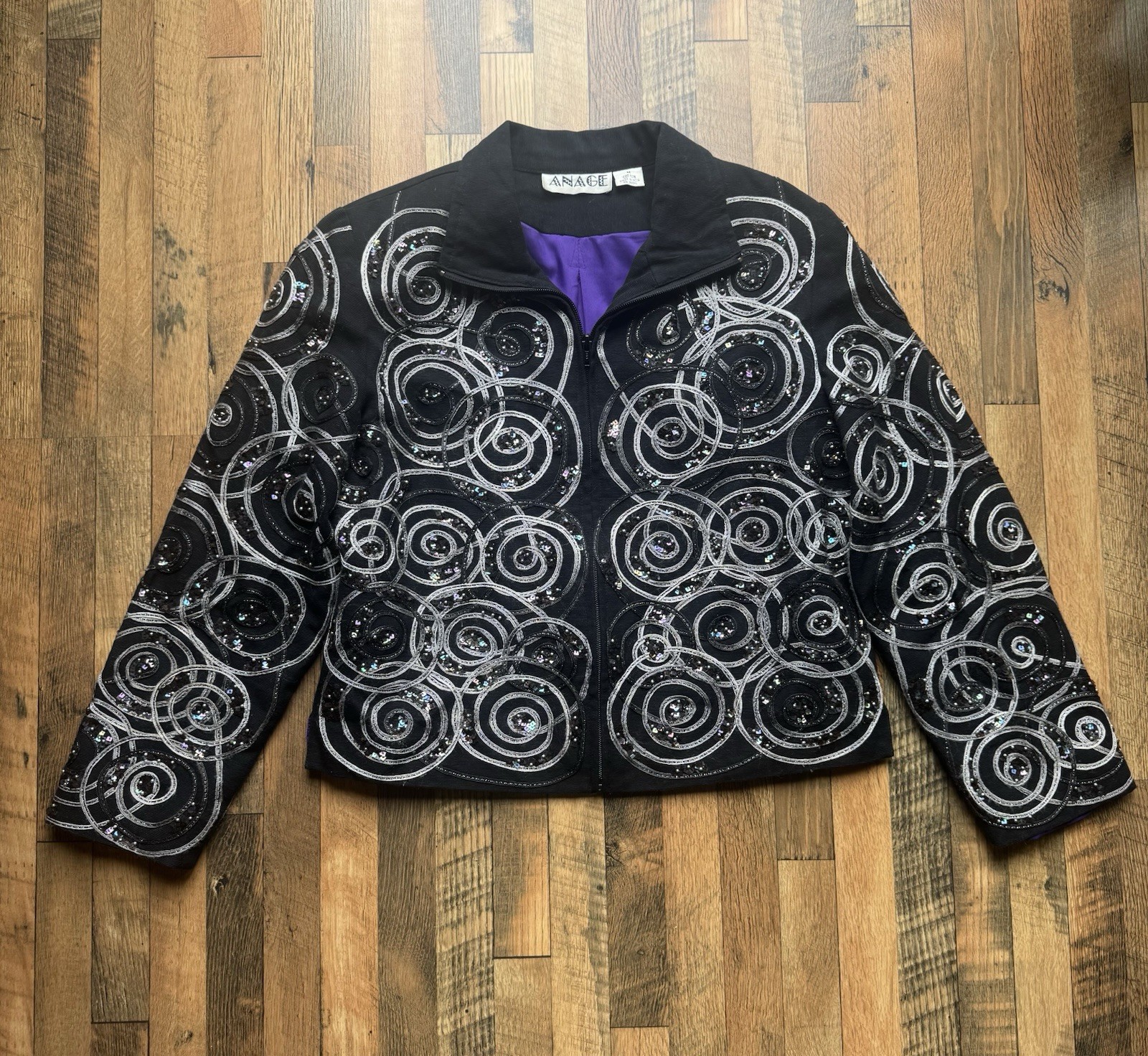 VTG Anage 80s Zip Jacket Med Black Platinum Embroidered Sequins Beaded Braid