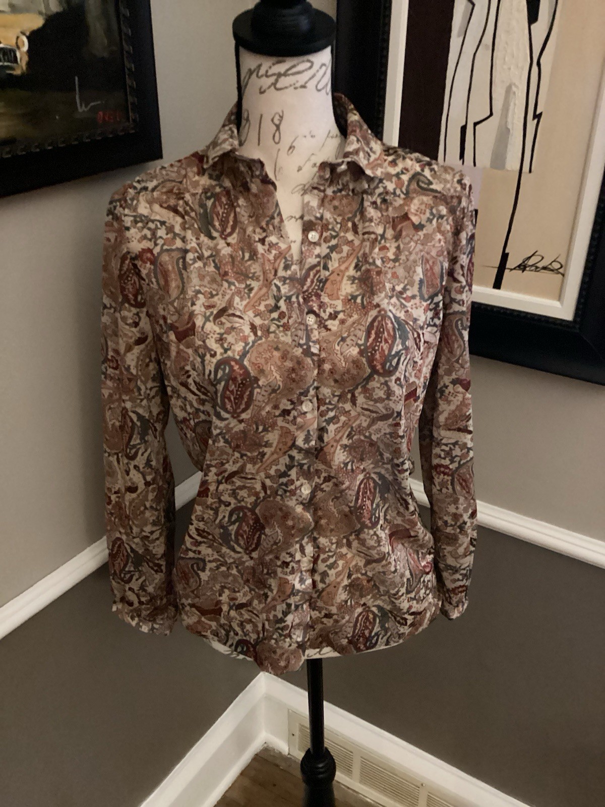 Vintage Elles Belles Shear Blouse Paisley Print of Rich Fall Colors Size Small