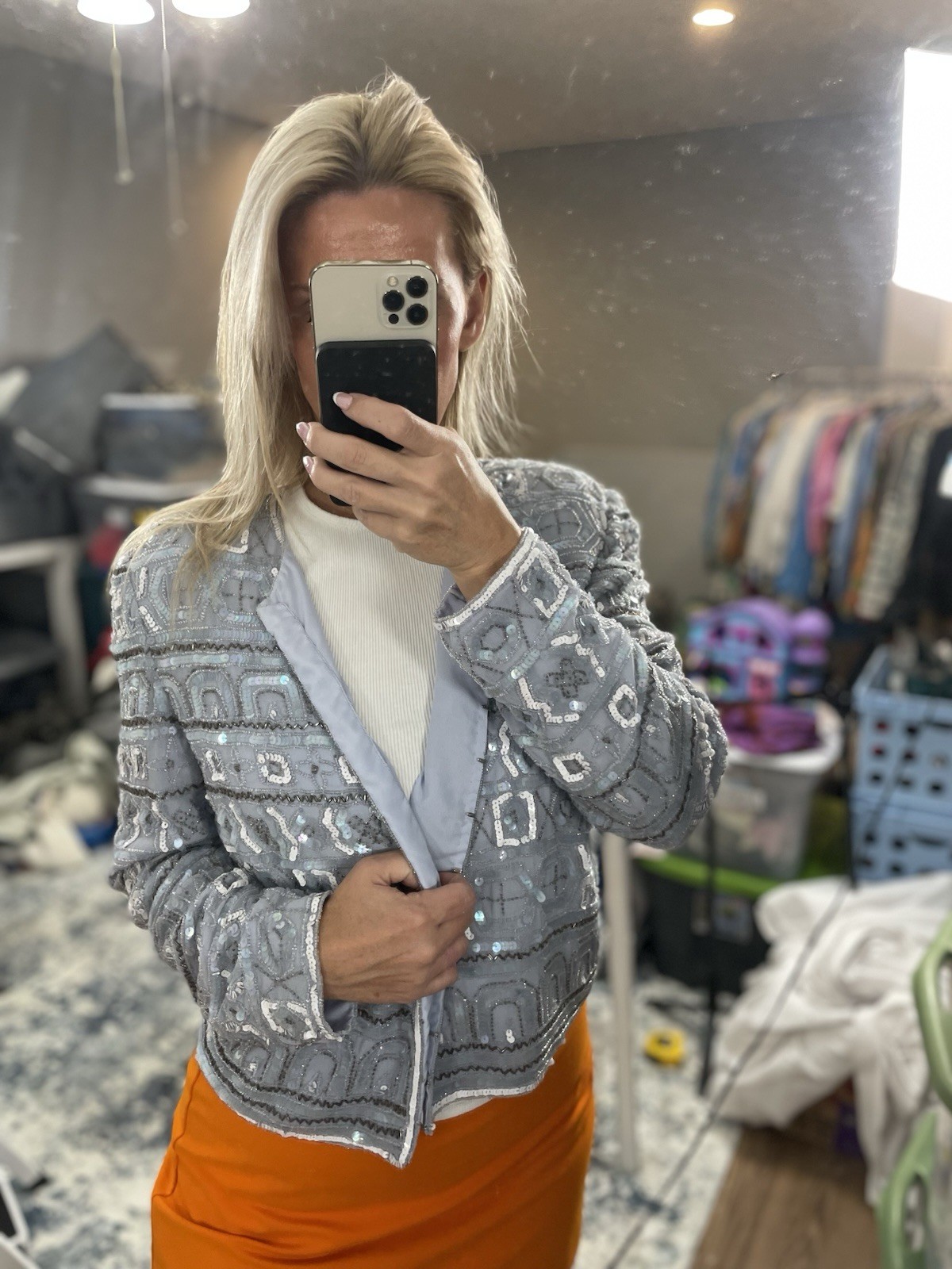 Vintage Beaded Evening wear ladies sequined jacket Coat Blazer Sky Blue Amazing