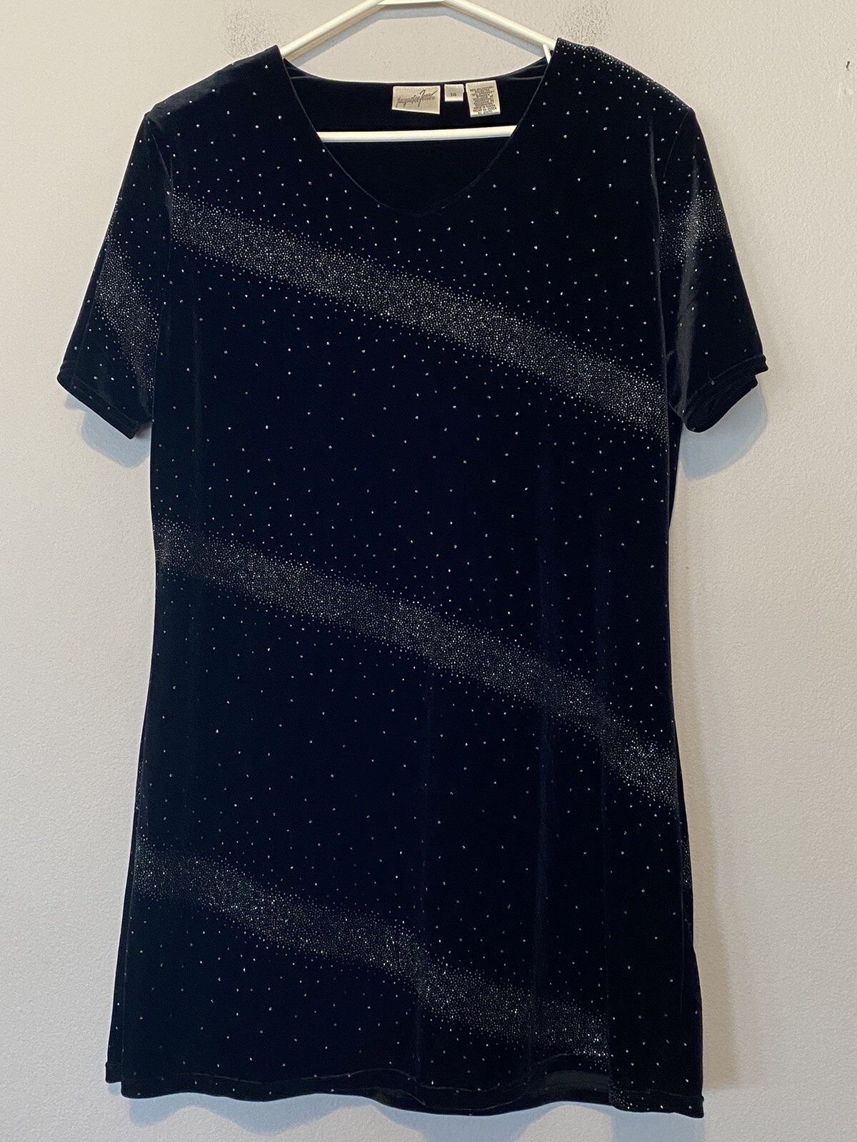 VTG Jaqueline Ferrar 90s Black Velvet Short Sleeve Midi Dress Size 14, Sparkle!!