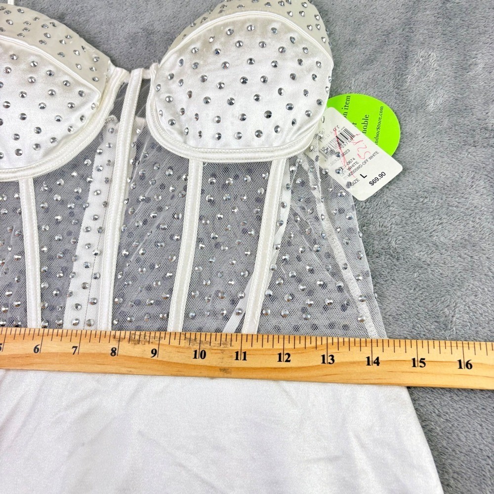 Windsor L White Rhinestone Mesh Corset Satin Tiered Ruffle Mini Dress Party NWT