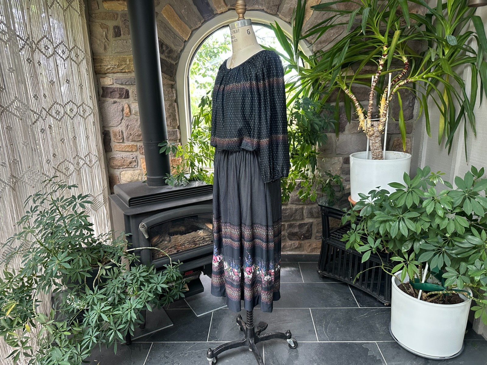 Vintage 1970s Black Floral and Polka Dot Knit Dress Liz Roberts Inc