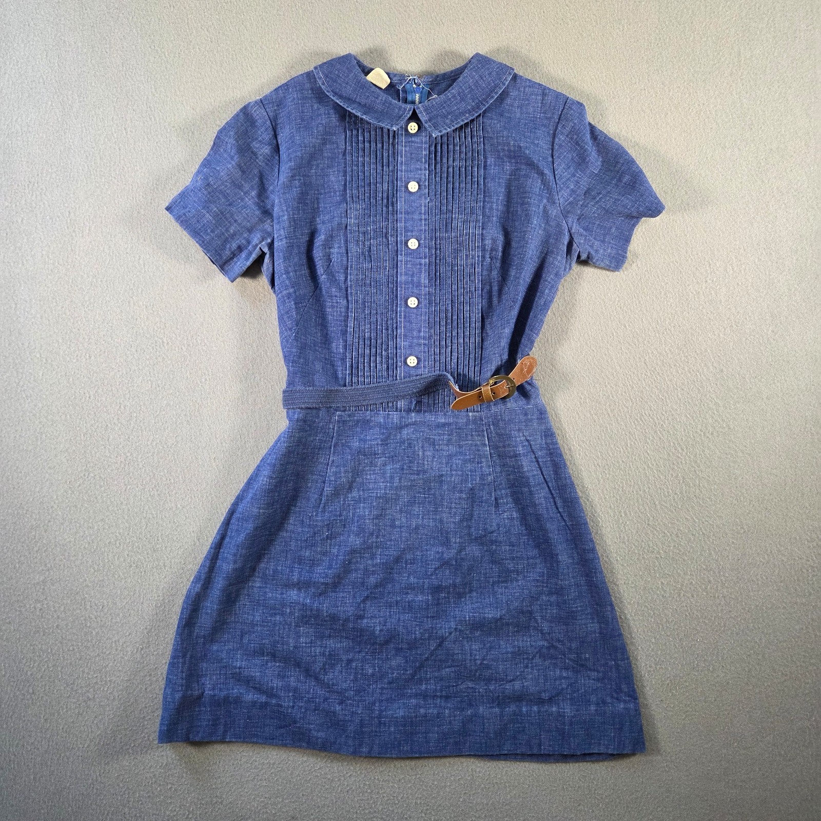 Vintage Mini Dress Womens Small Blue Chambray Pleated Belted Short Sleeve 80s