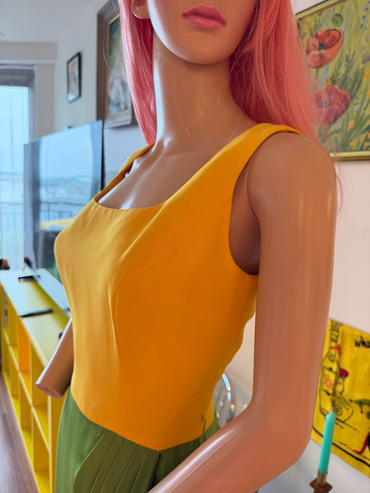 🌼 Vtg 90s Bill Blass Evening Silk Colorblock Cocktail Dress Marigold Dress M
