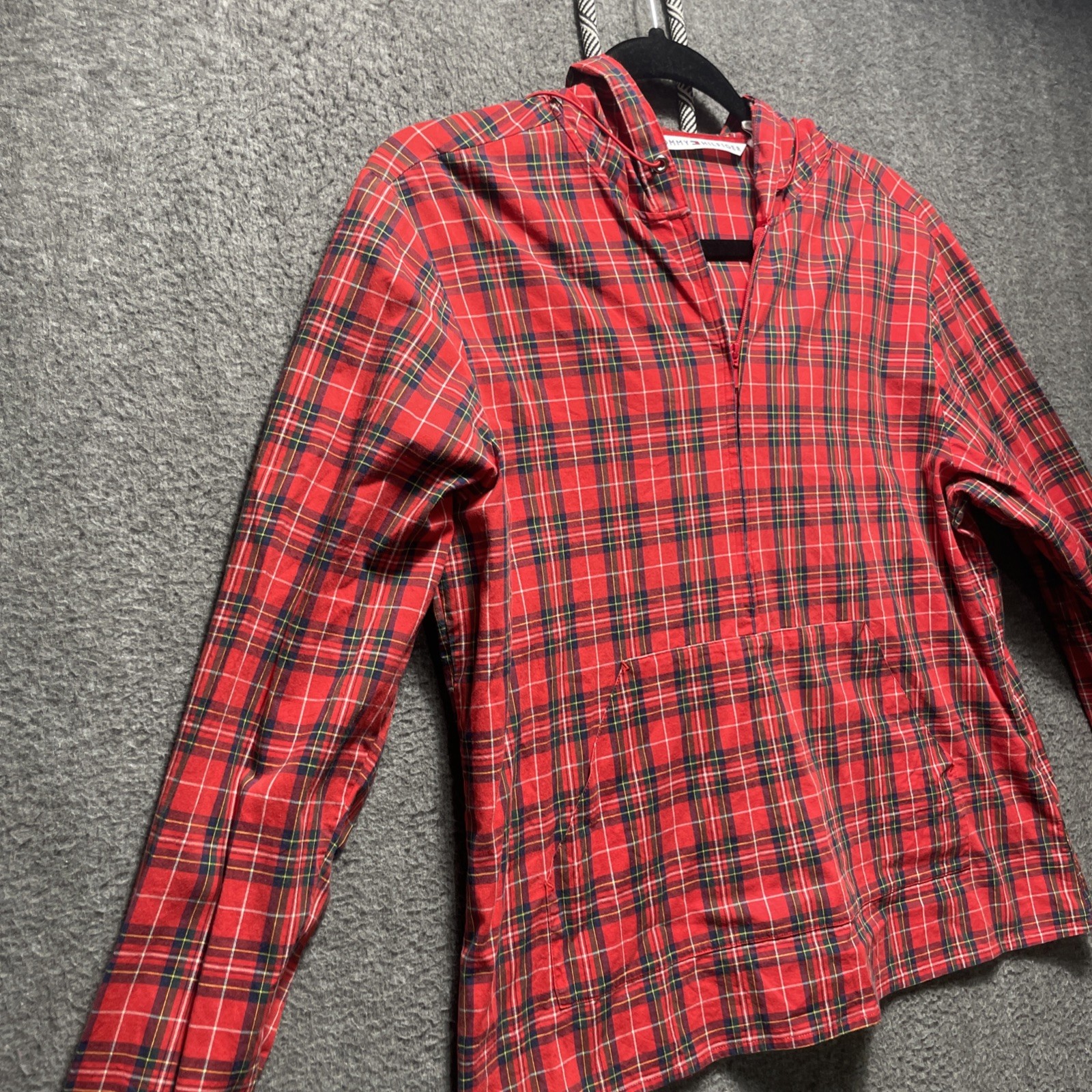 Vintage Tommy Hilfiger Jacket Mens Medium Anorak Hoodie Plaid 1/4 Zip 90s Cotton