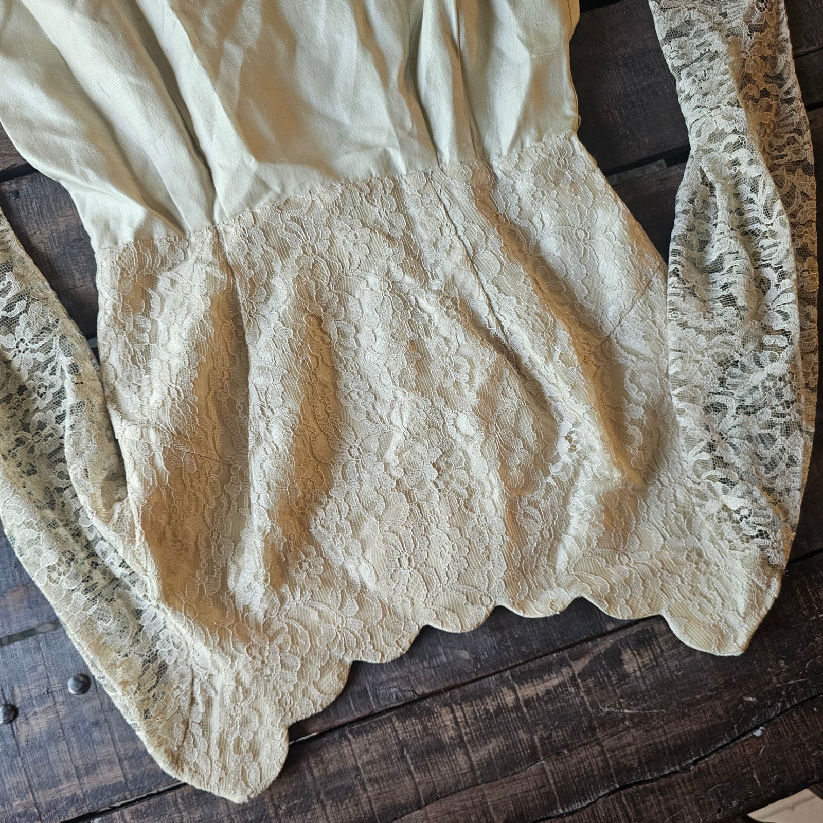 Vintage 1950s Lace Cocktail Dress Cream Scalloped Neck Long Sleeve Pencil Skirt
