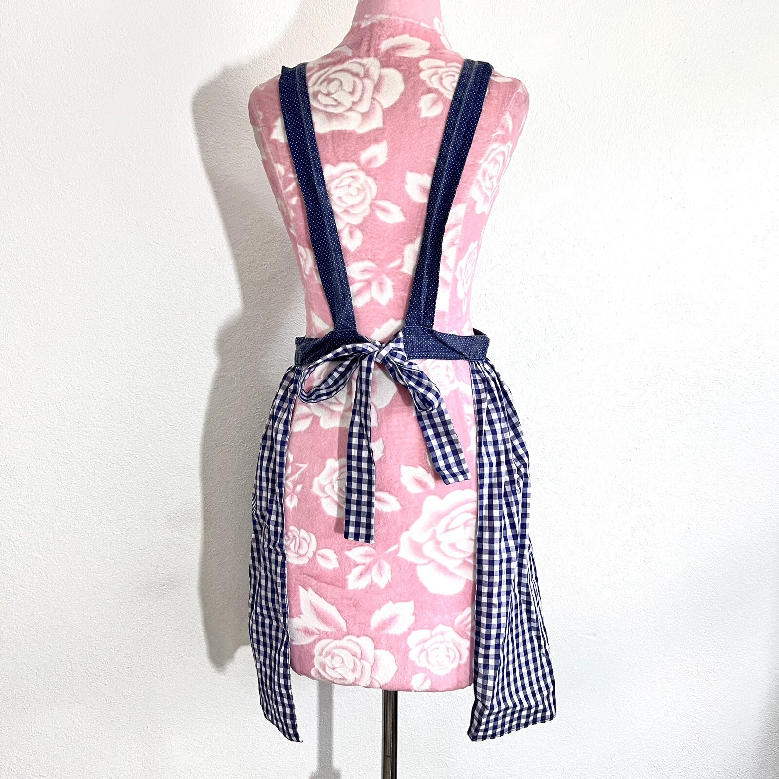 Vintage 60s Blue Plaid House Wife Belted Apron Dress Size S/M