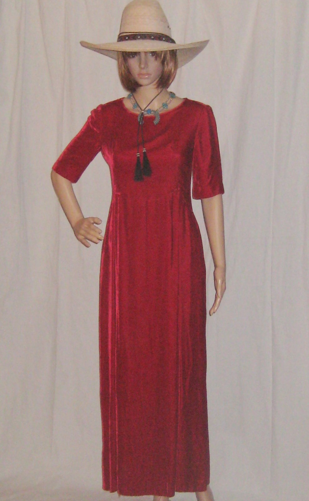 Vintage Velvet 1970s Maxi Dress Hand Made Crimson Red Short Sleeve Column Small