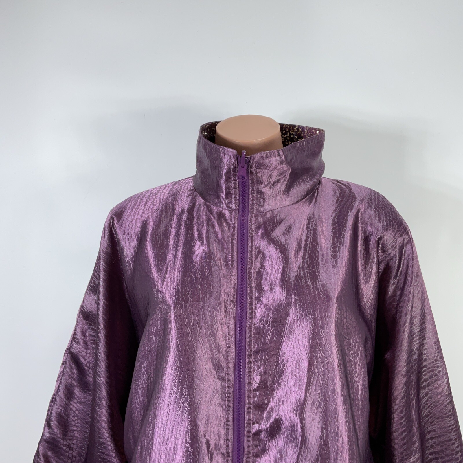 Vintage Rafael Satin Bomber Jacket Y2K Reversible Metallic Purple Animal Print S