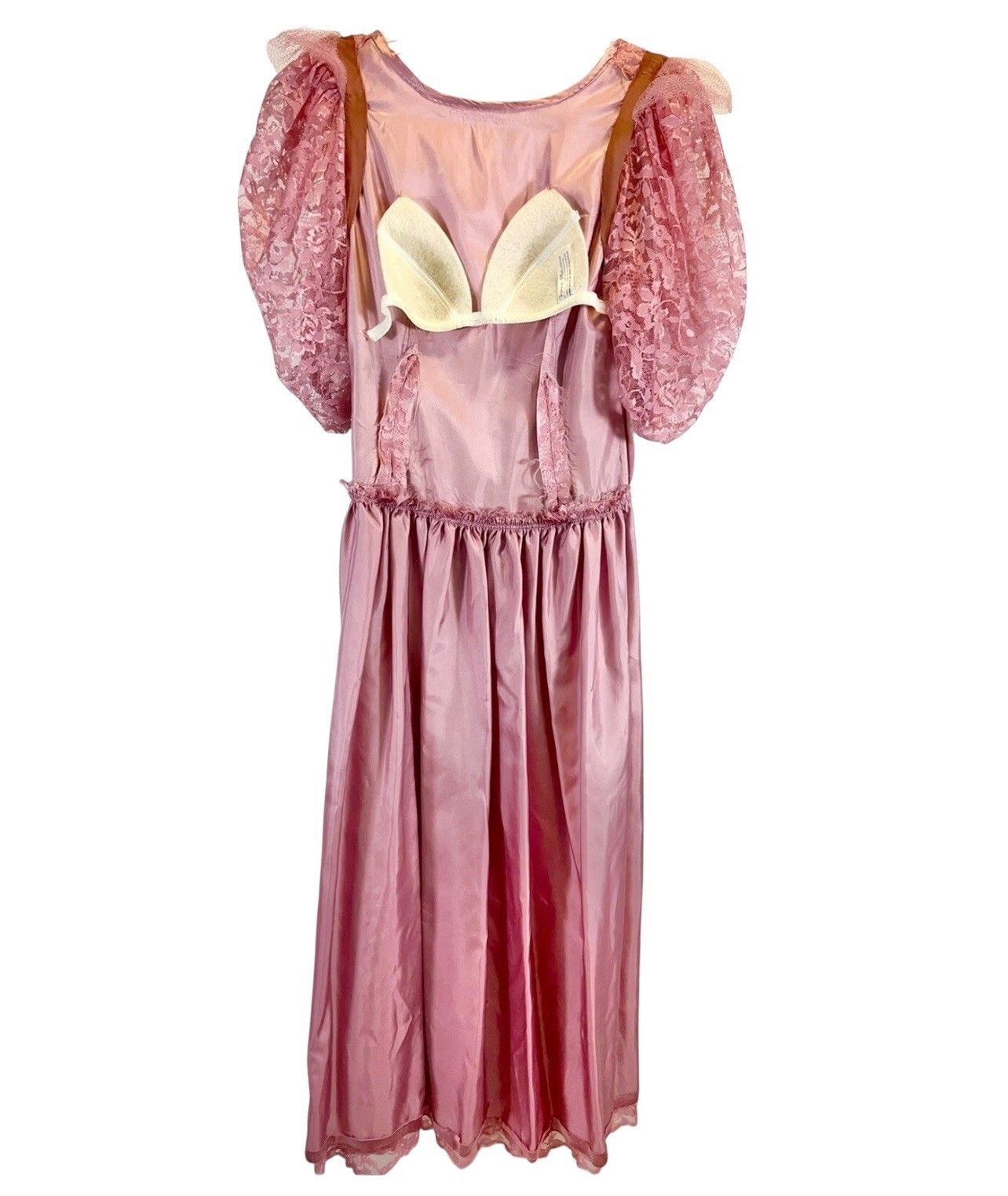 VINTAGE 1980s PRETTY PINK LACE NEW WAVE PUFF SLEEVE PROM PARTY DRESS VICTORIAN