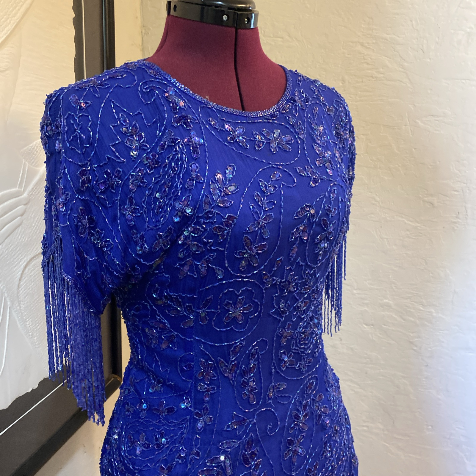 Vintage 80s Dark Blue Silk Sequin Beaded Fringe Cocktail Formal Mini Dress Med