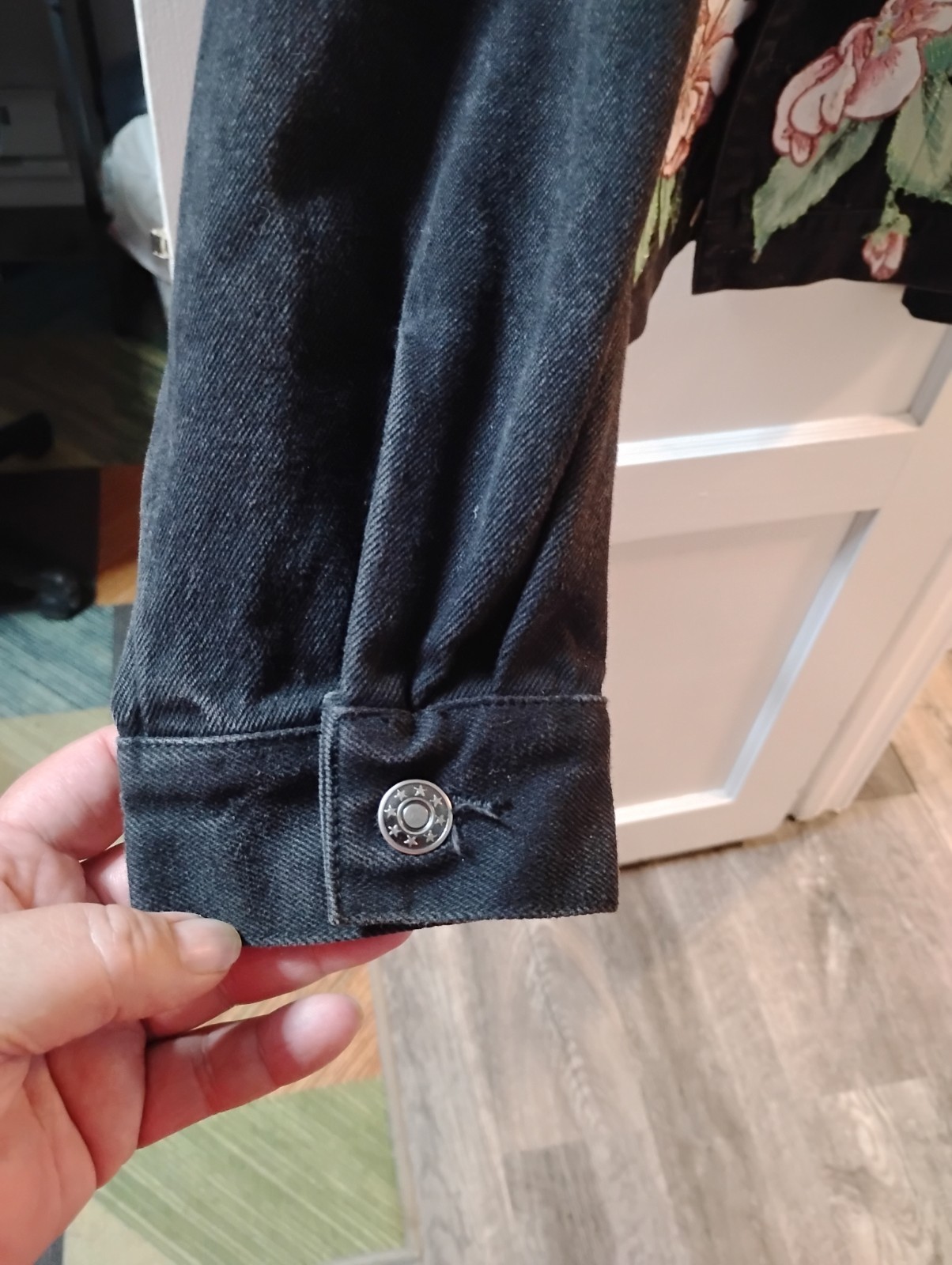 Vintage 80s Todays News Black Denim Jacket Embroidered Floral Rhinestone Concho