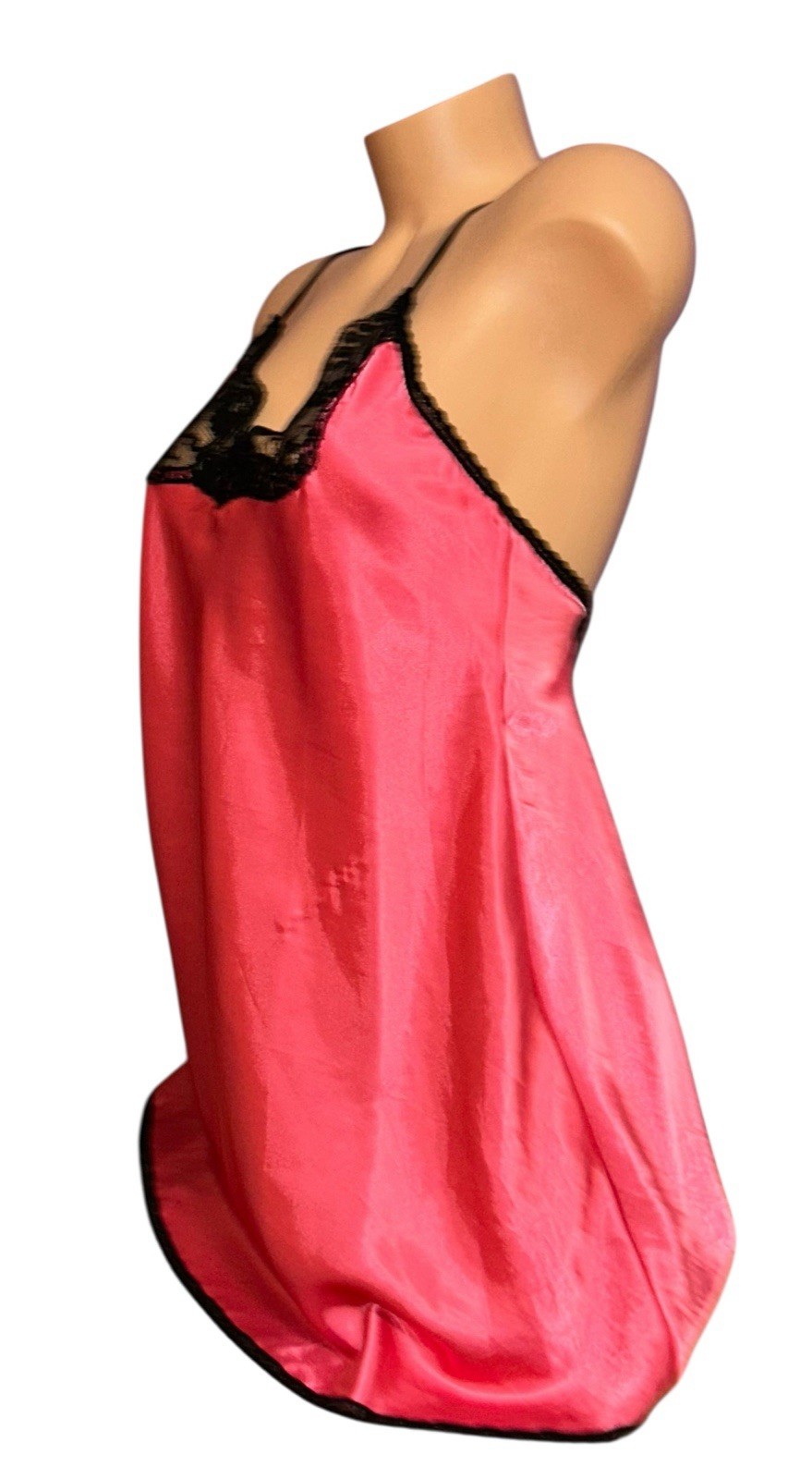 LADY CAMEO Pink Shiny Satin Black Sheer Lace Trim Nightie Nightgown S NOS