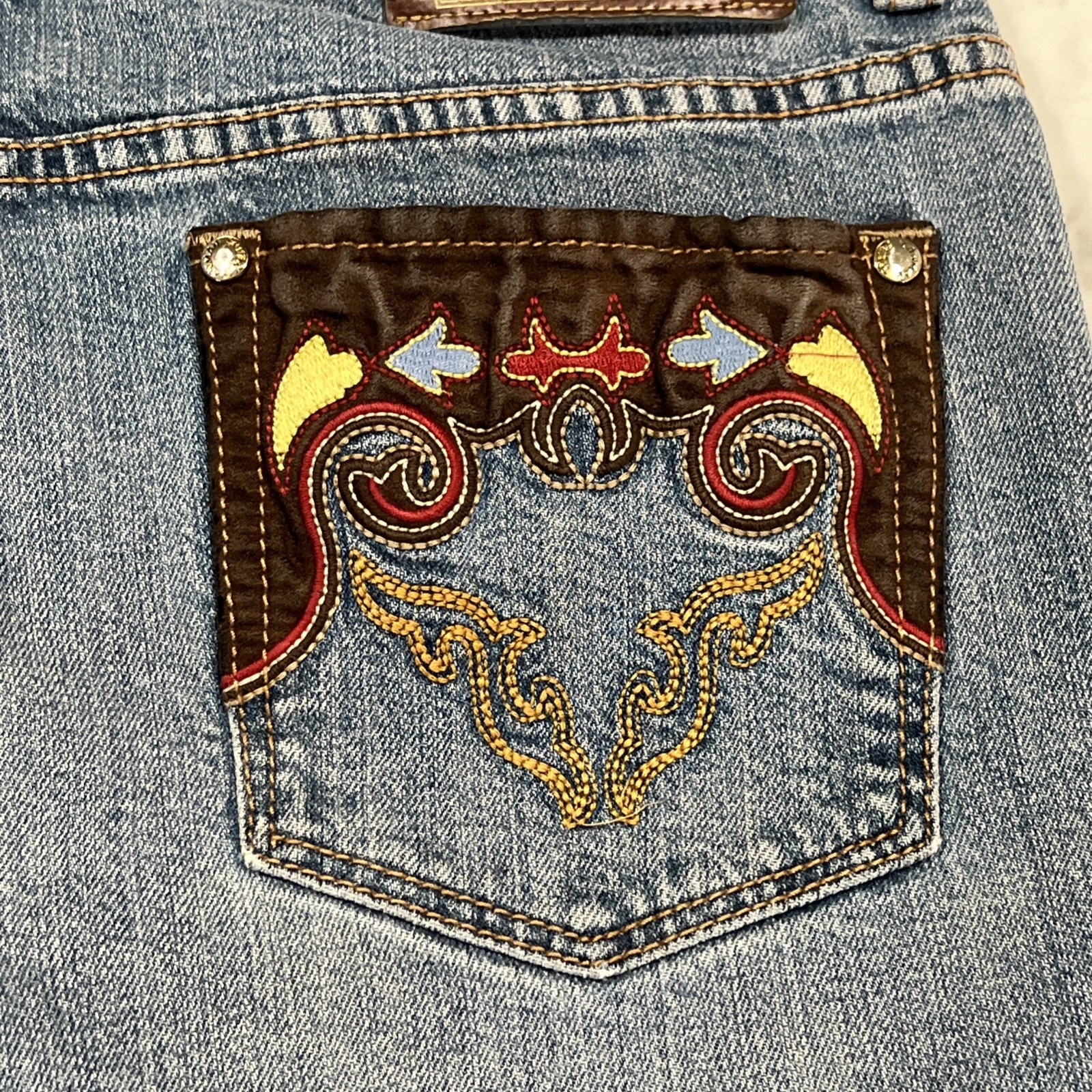 Vintage 90’s Lawman Western Jeans Women 13 Bell Bottom Embellished Faded Stretch