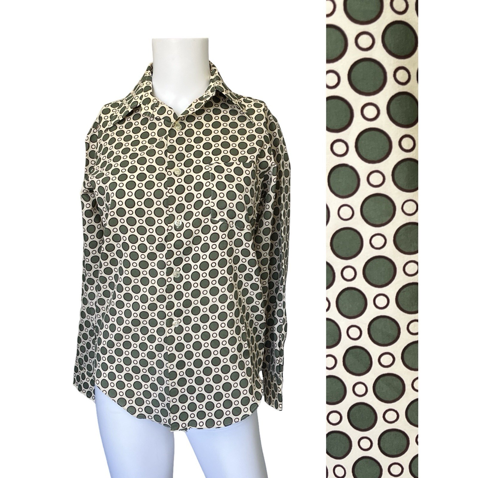 Vintage 70s Envoy Button Up Shirt Green Polka Dot Funky Permanent Press Womens