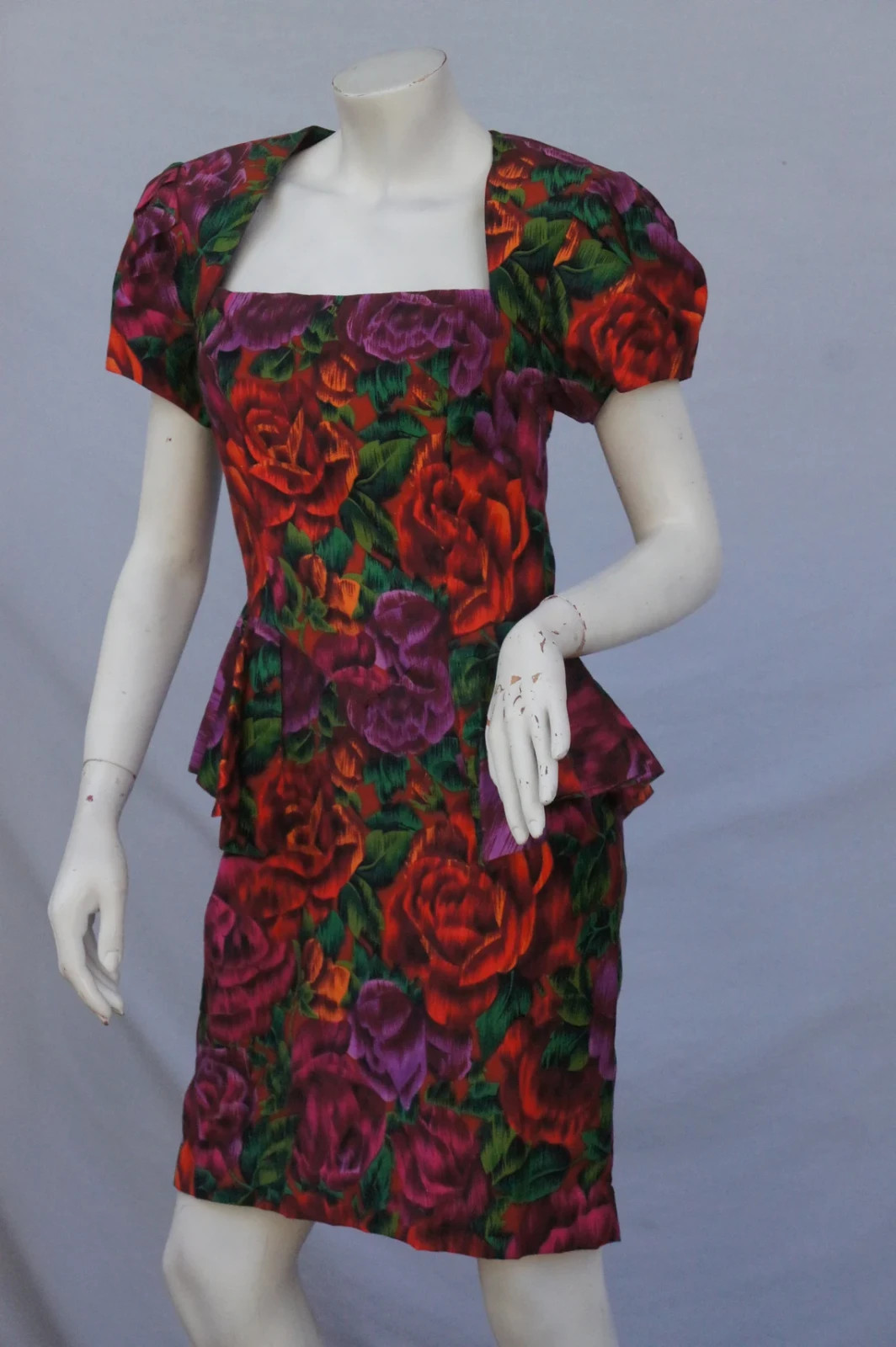 Vintage 80s Floral Print Peplum Dress with Open Back By Bugardi Cocktail Dress