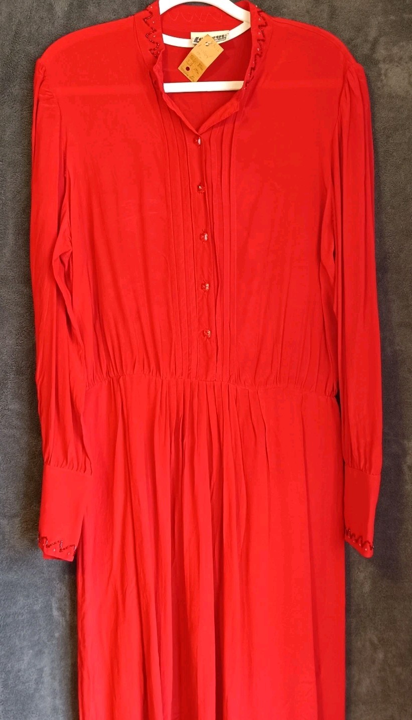 Vintage Dress 36 S 38 M Red Beaded Pintuck Midi Lepool Diffusion True Vintage