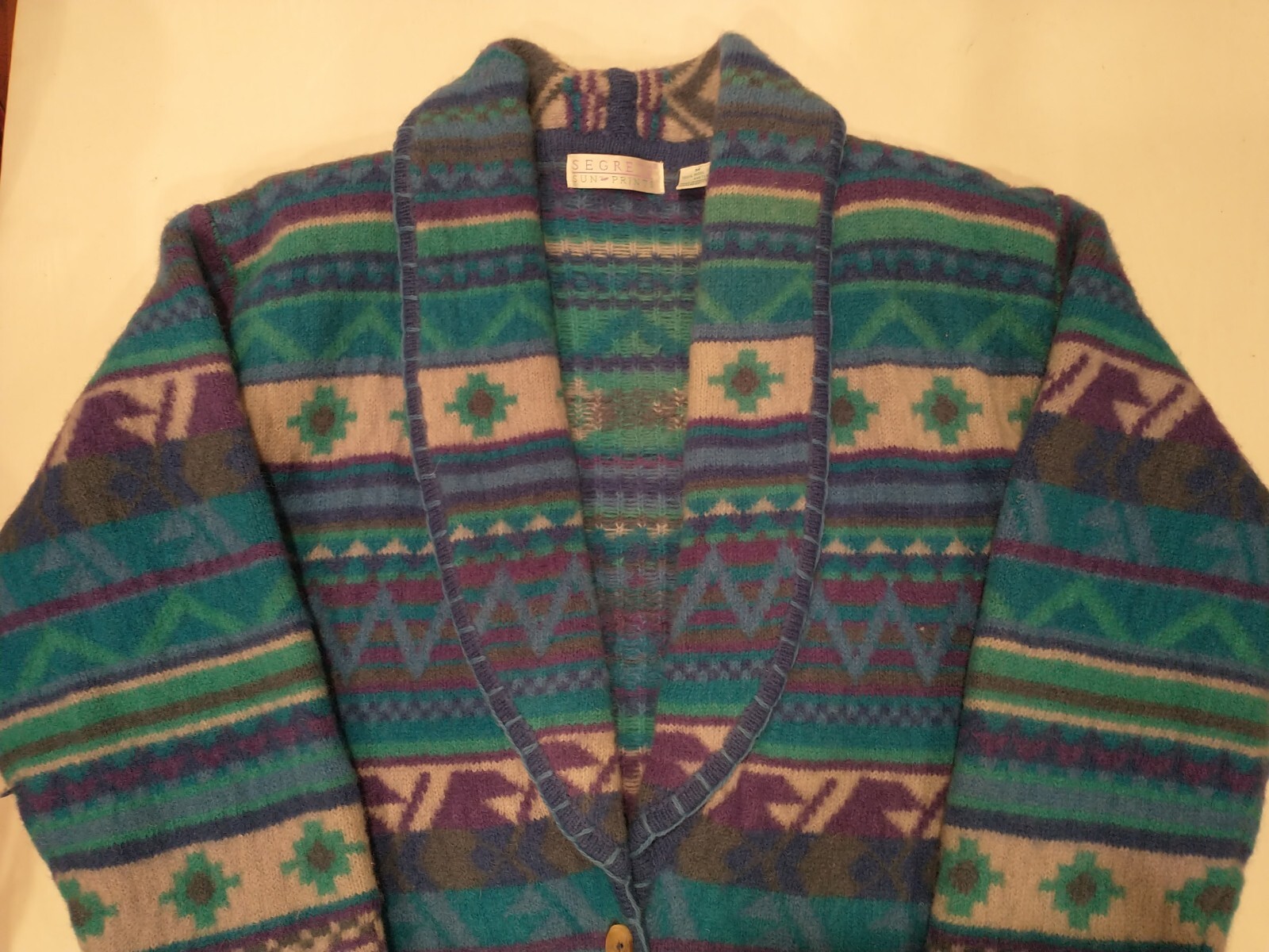 Vintage Segrets Sun Prints 90s Womens Size M Tribal Wool Cardigan Sweater Blue