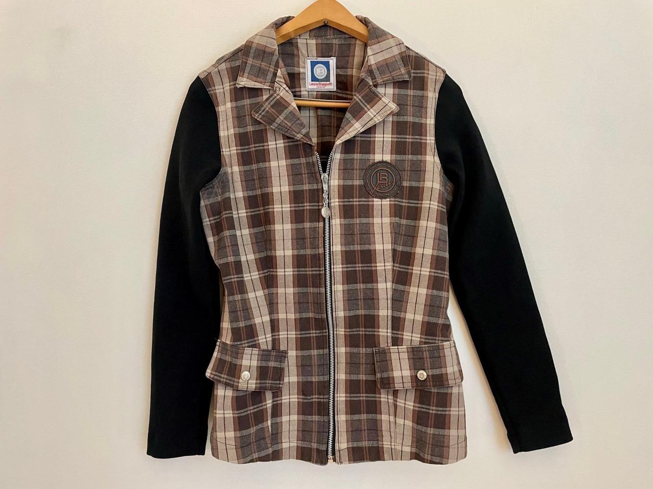 Laura Biagiotti Italy Fashion Designer Vtg Plaid & Knit Zipper Jacket Sz 42 US