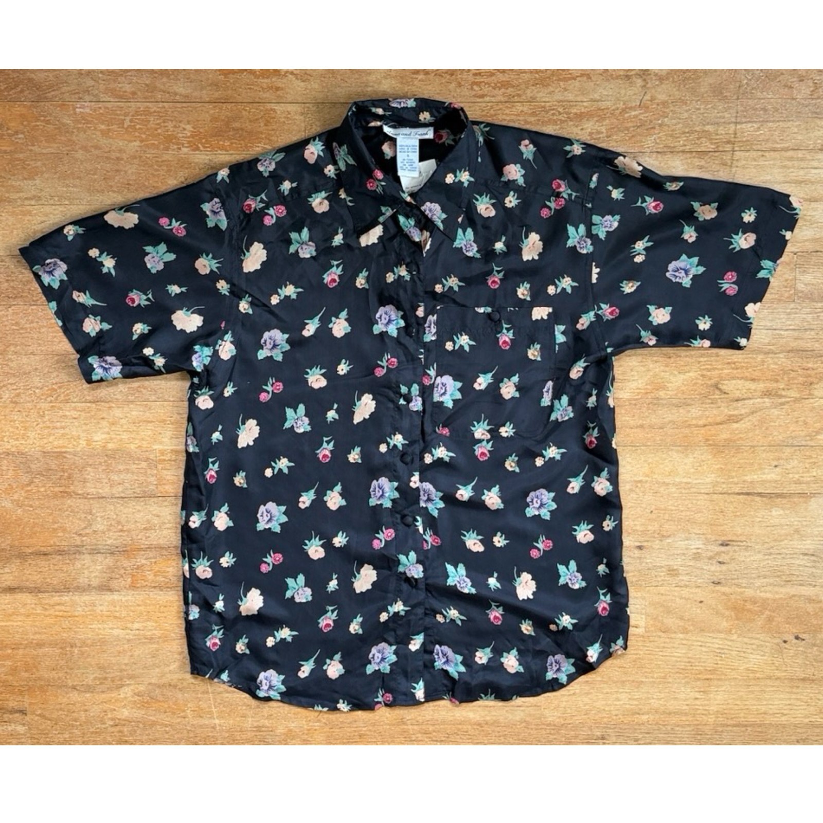 Vintage 100% Silk Floral Skirt Top Set Size Small Black Two Piece Midi Outfit