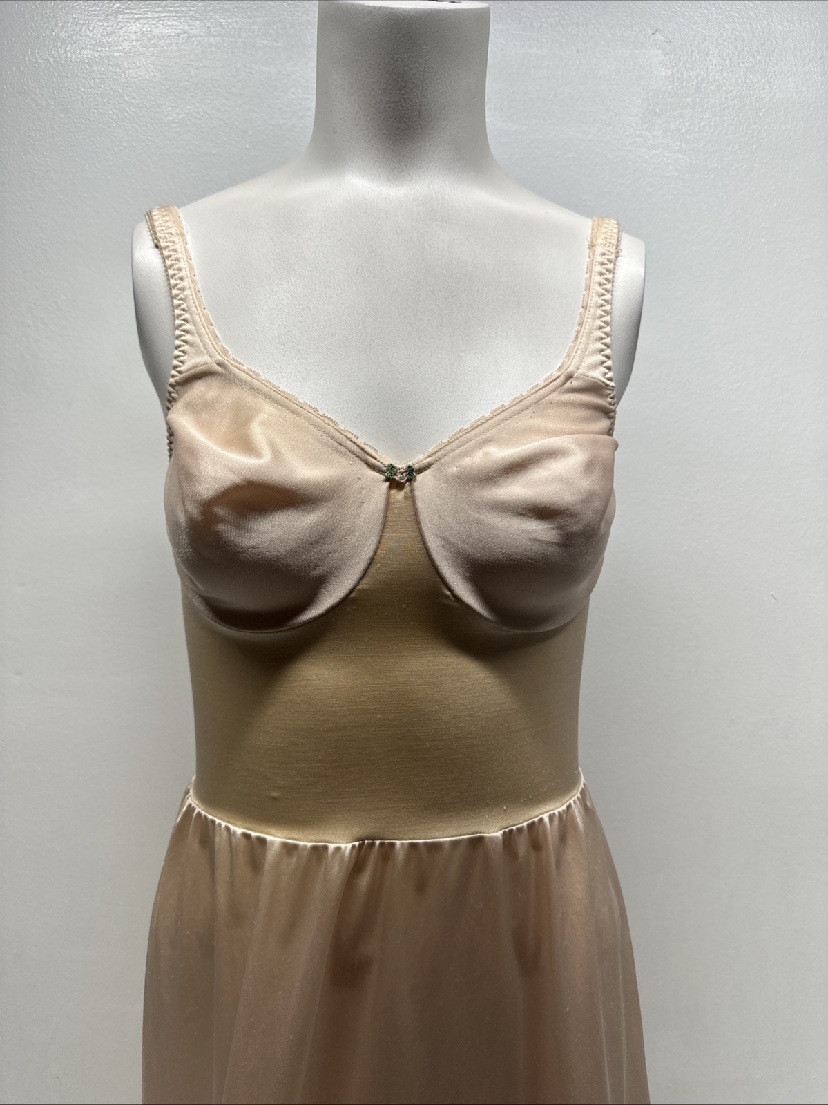Vintage Olga Underwire Slip Midi Dress Nylon Made in USA 34319 Nude Tan Size 34C