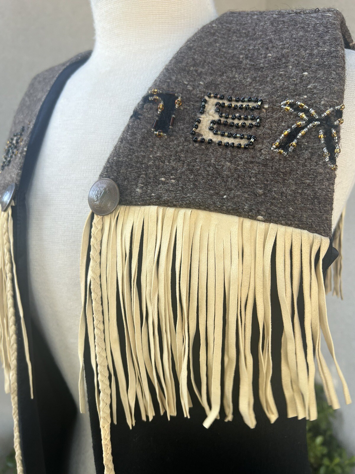 Vtg Wool Vest Southwest Mexican Theme Fringe Beads Small Krista Koeppe