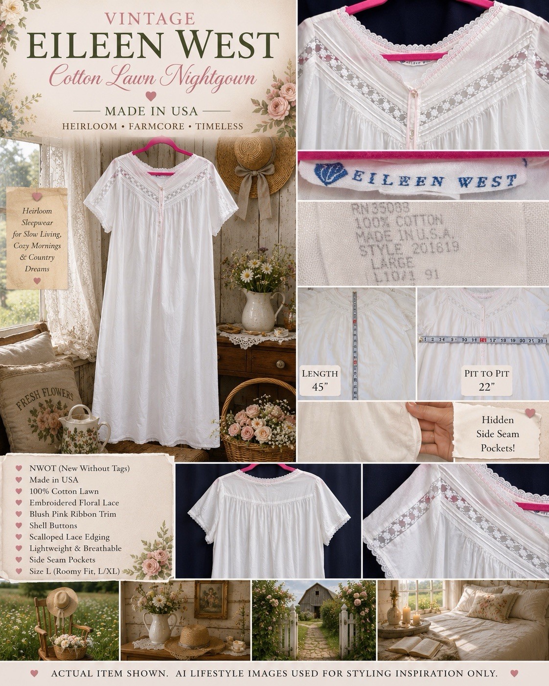 NWOT Vtg 80s Eileen West White Cotton Lawn Nightgown Pockets Lace L Prairecore