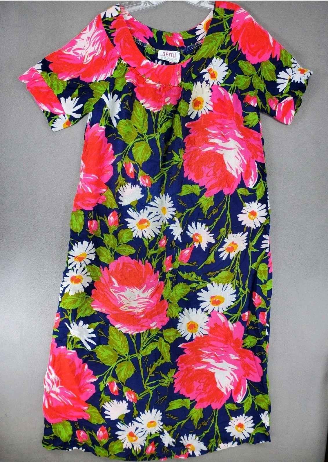 Gerry Muu Muu Sz L/XLNavy Blue Floral Vintage 60s 70s Barkcloth Nightgown Dress