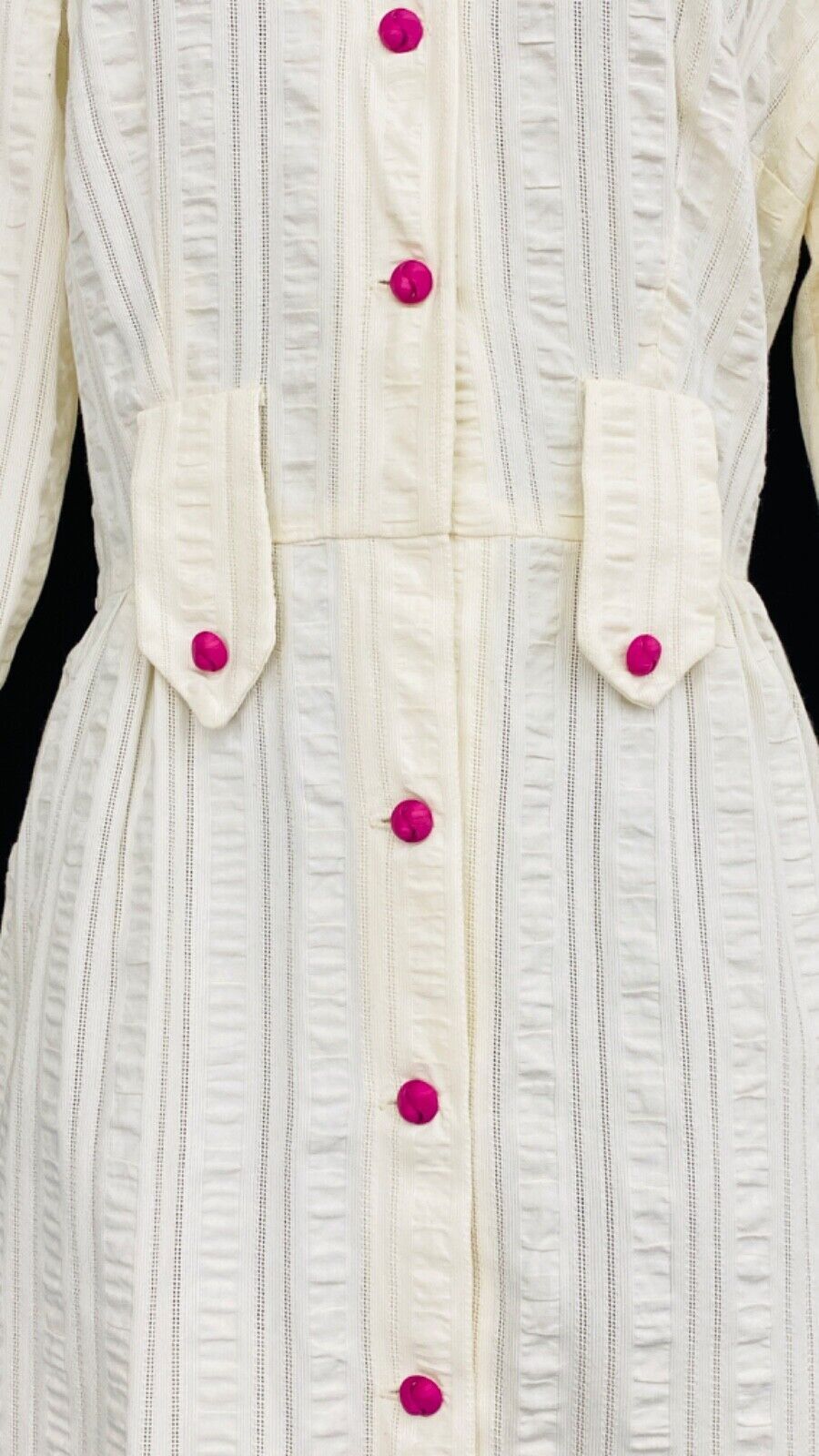 Vintage 1950s white embroidered dress long sleeve pink floral cotton pin-up M L