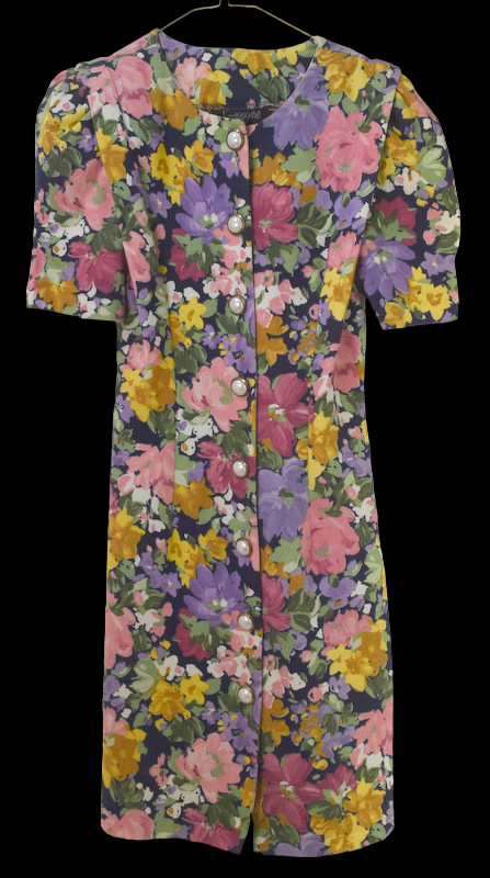 Vtg Corduroy Dress Womens XS-S Black Floral Button Front Shoulder Pads Made USA