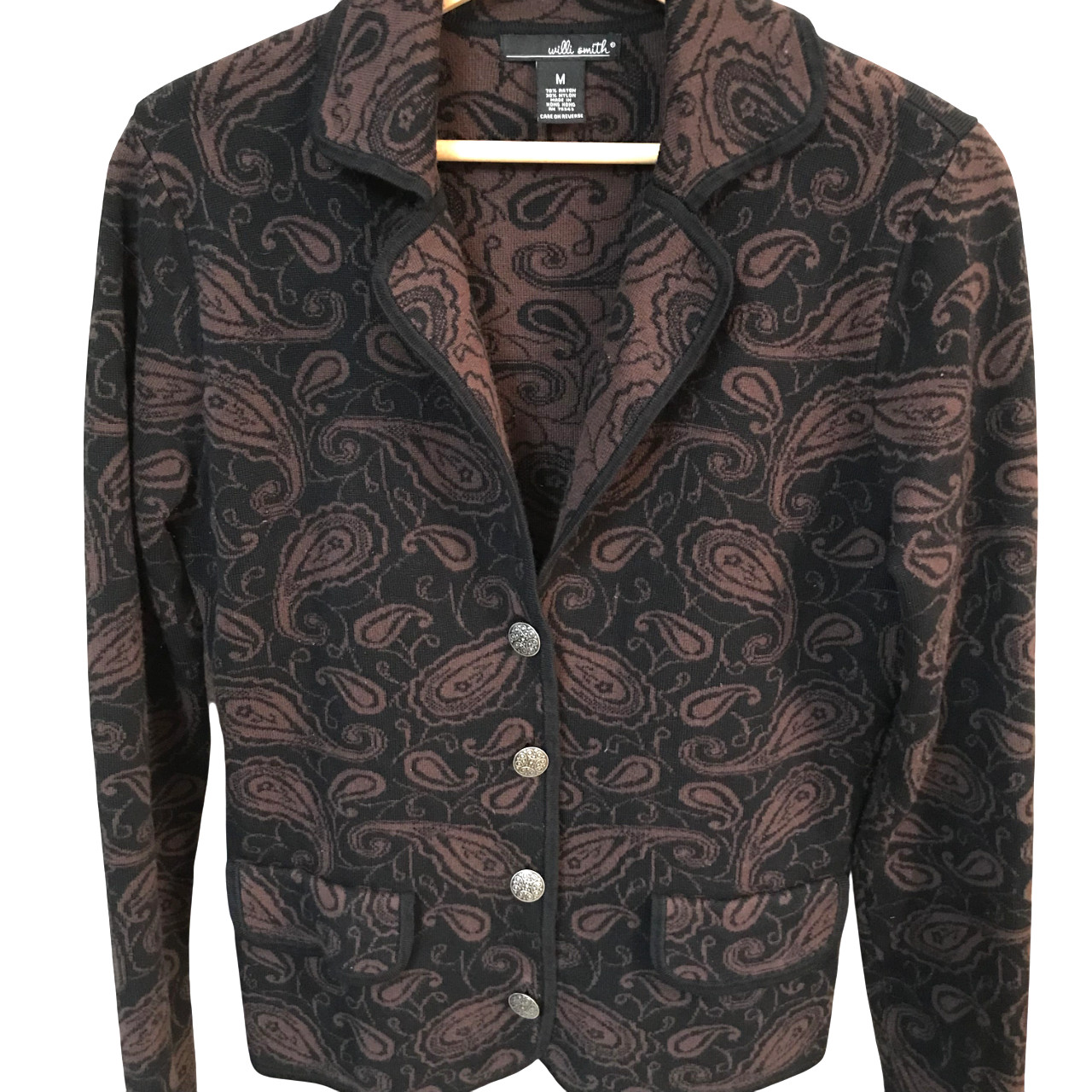 VTG 80s Willi Smith Sweater Jacket Brown Black Paisley Blazer Rolled Collar Sz M