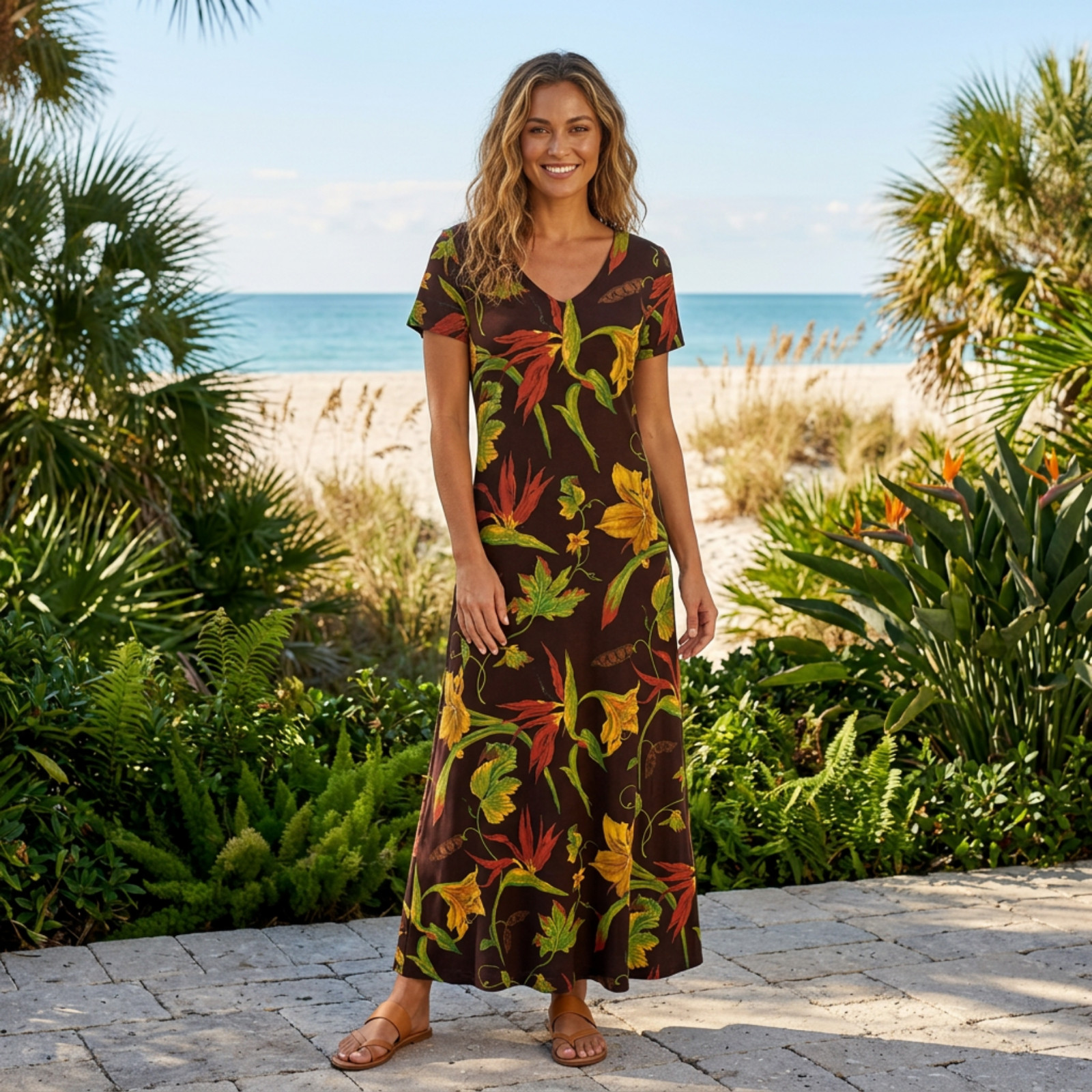 Vtg 90s K.C. Spencer Brown Floral Tropical Long Midi Dress Grunge usa