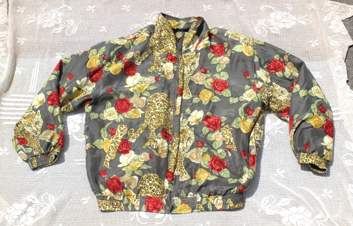 Vintage 1980’s Fu Da Fuda Intermational Oversize Silk Jacket Leopards & Roses XL