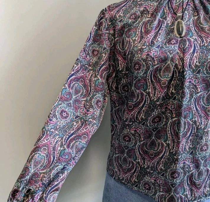 Vintage 70s Anna Kristi Blouse Womens Petite Size 10 Paisley High Neck Boho Top
