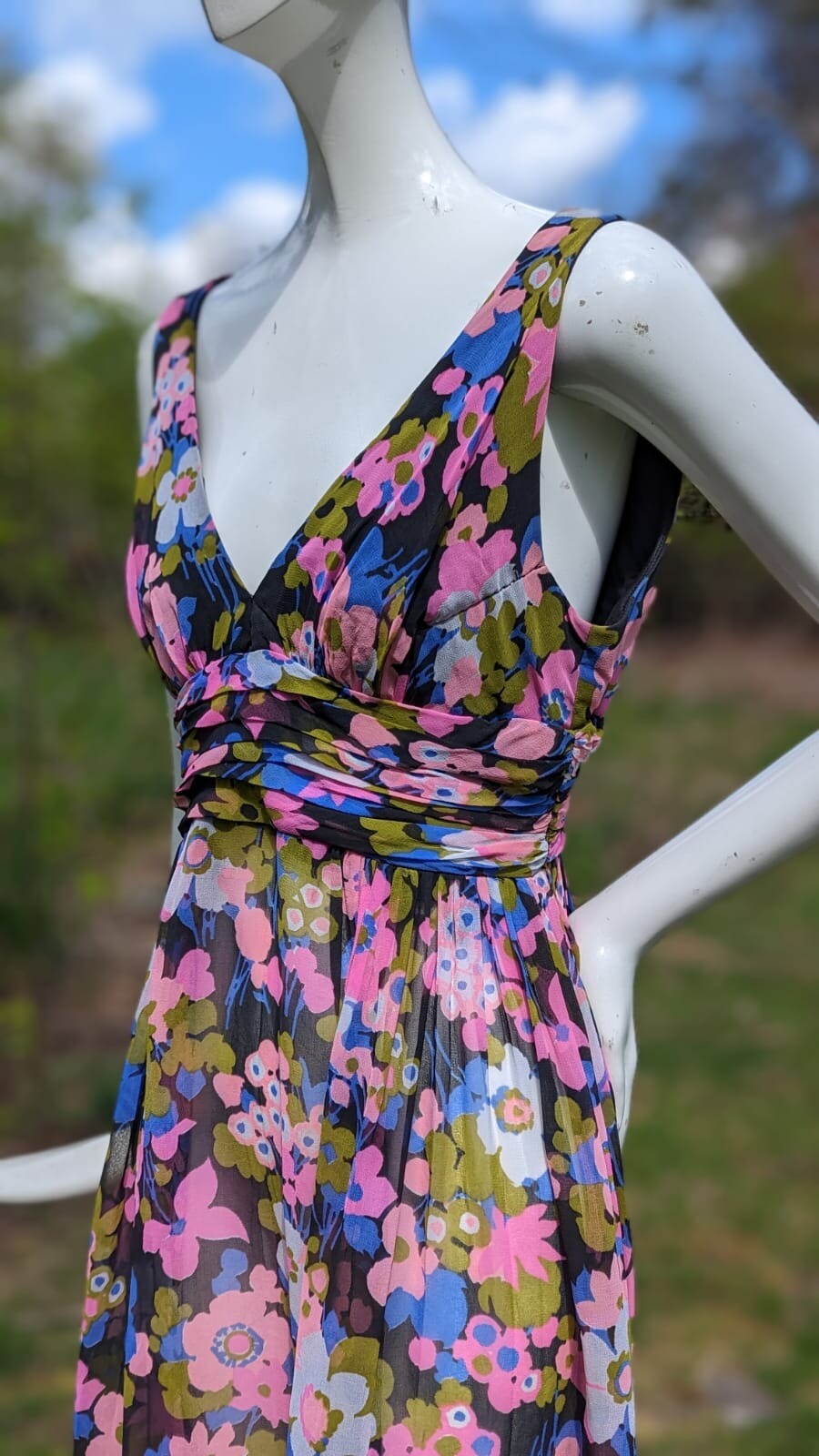 VINTAGE 1970’S FLORAL POLY CHIFFON LONG DRESS W BELTED WAIST
