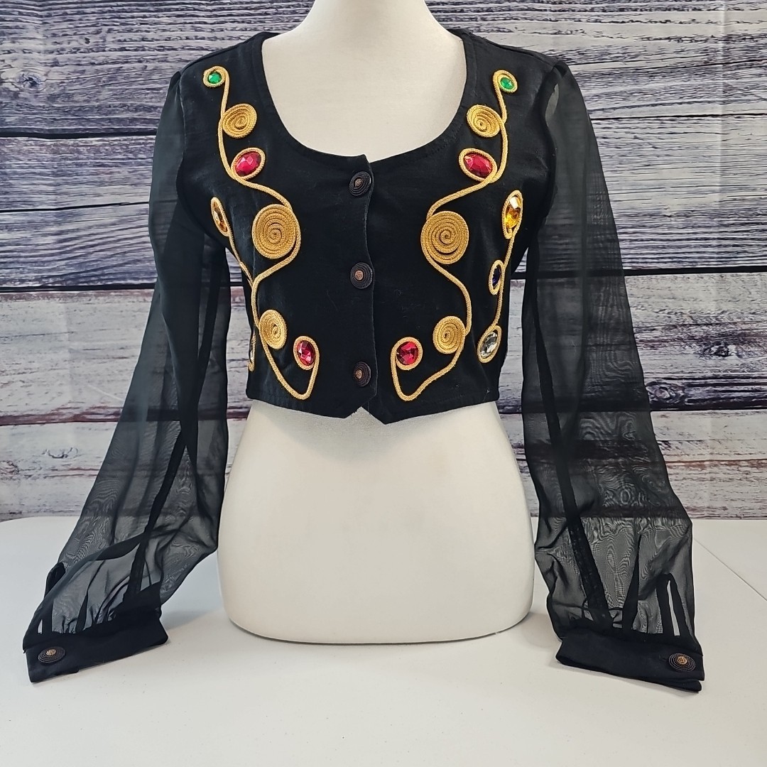 Vintage 90’s CONTEMPO CASUALS Crop Top W/ Bling & Sheer Sleeves Size M USA