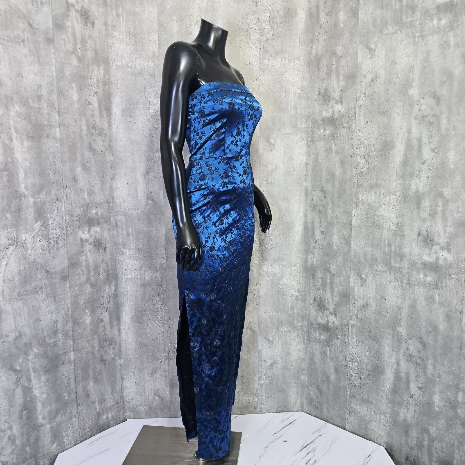 Vintage 90s L.A. Glo S Blue Black Floral Brocade Strapless Maxi Dress USA