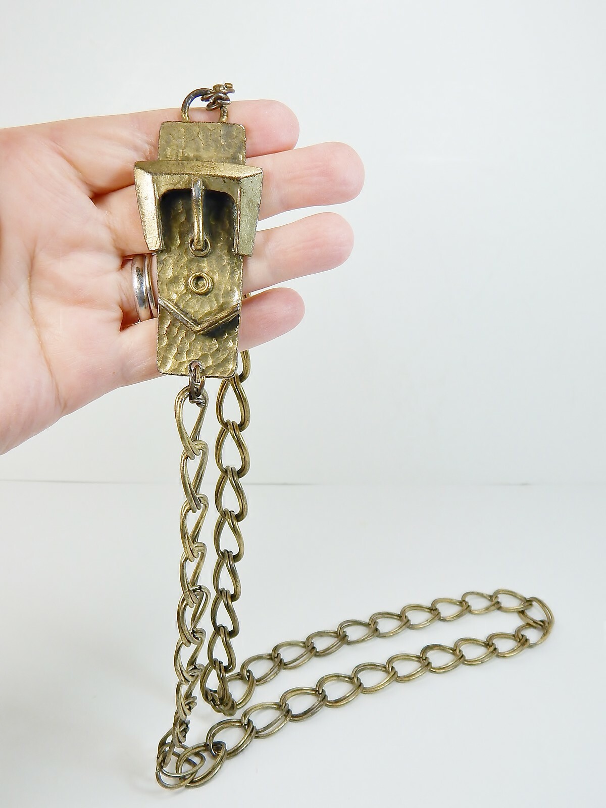 BRASS CHAIN BELT & BUCKLE, Vintage Womens 38″ Heavy Duty Brass Double Loop Chain