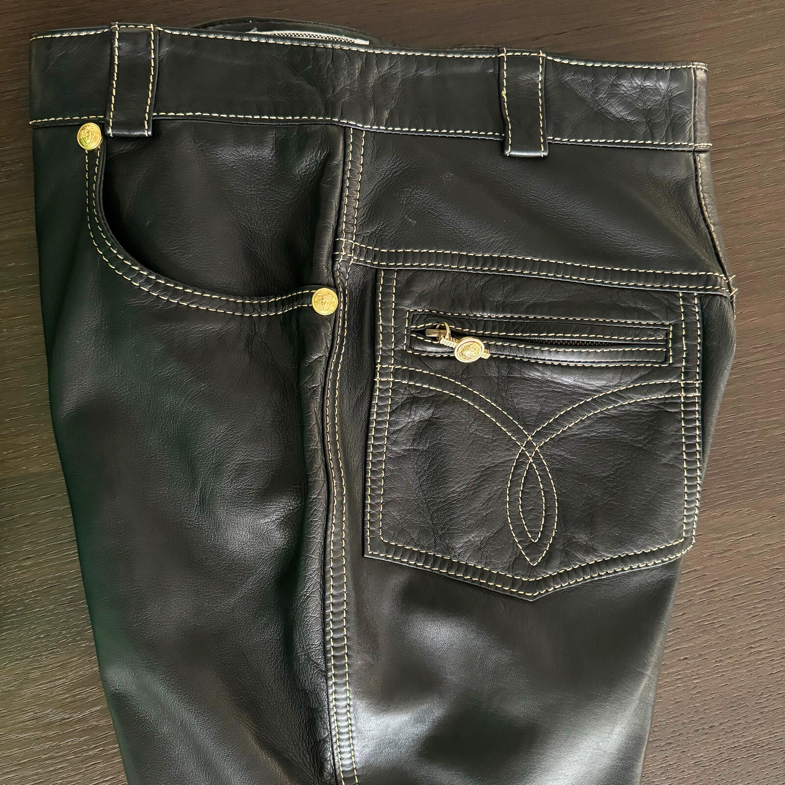 GIANNI VERSACE black leather pants w/ gold stitch size IT 42 from F/W 1992/93